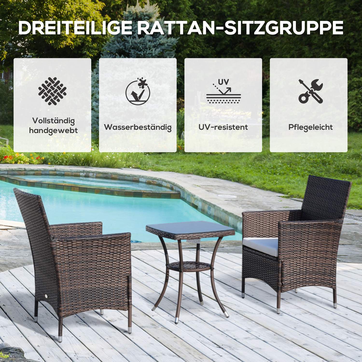 Vikbar rotting bistroset med kuddar, brun 60x58,5x89,5 cm