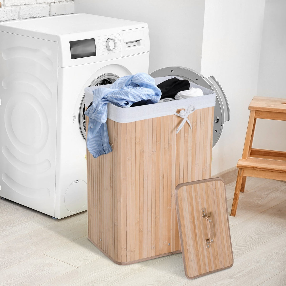 Bambu hopfällbar tvättkorg 72L – Canvaspåse med lock