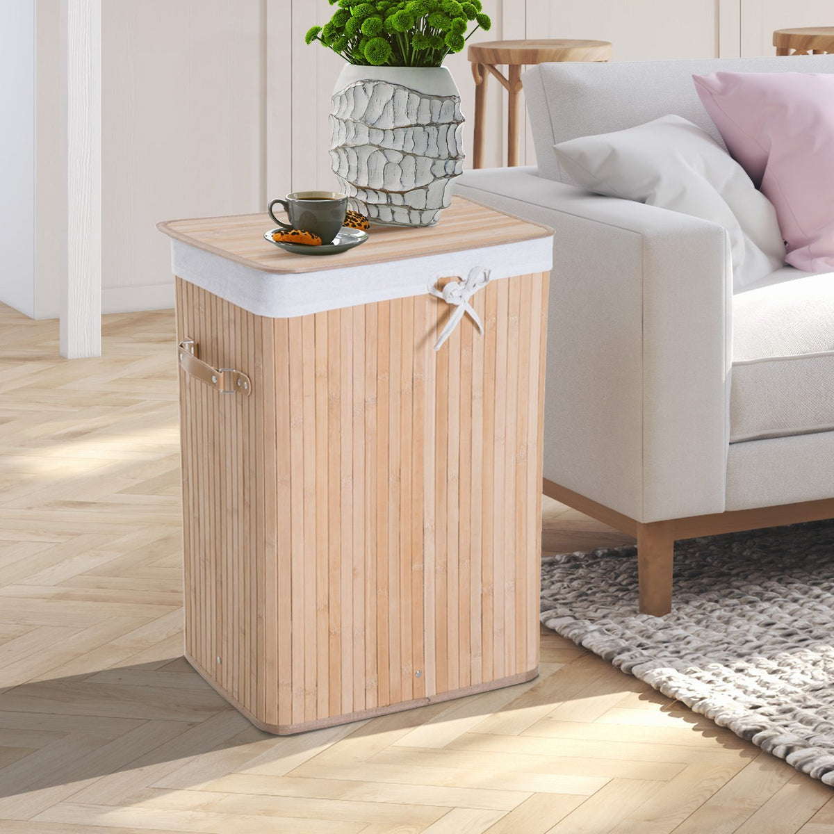 Bambu hopfällbar tvättkorg 72L – Canvaspåse med lock