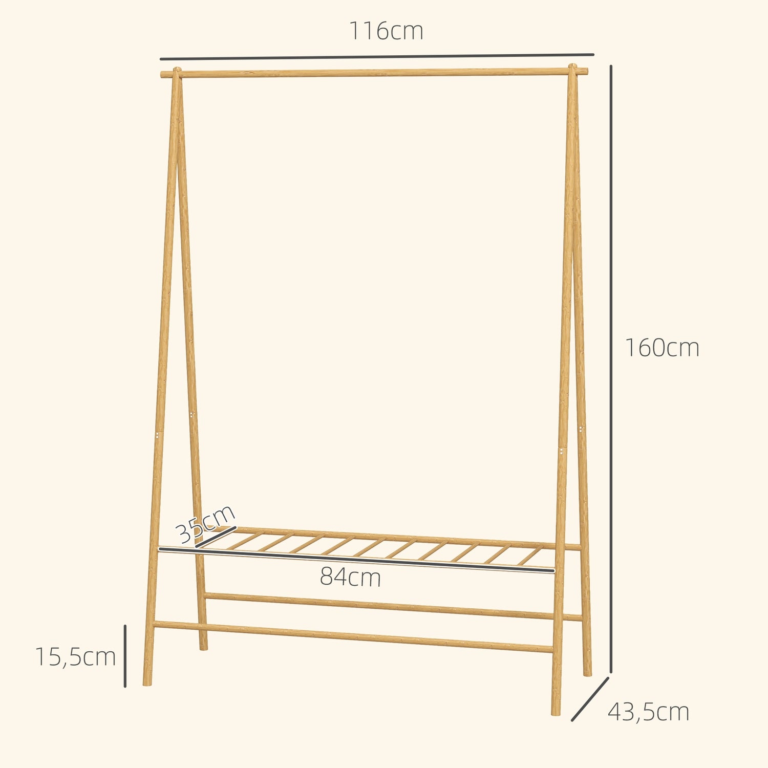 Bambu klädhängare med hyllor och krokar, naturligt trä