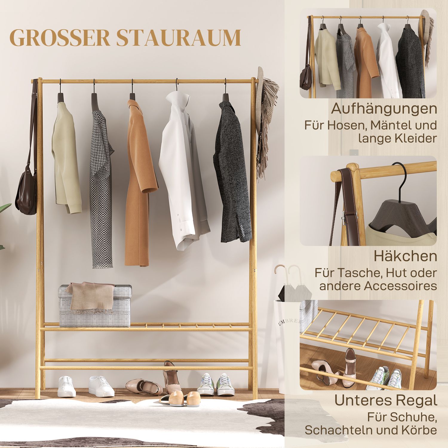 Bambu klädhängare med hyllor och krokar, naturligt trä