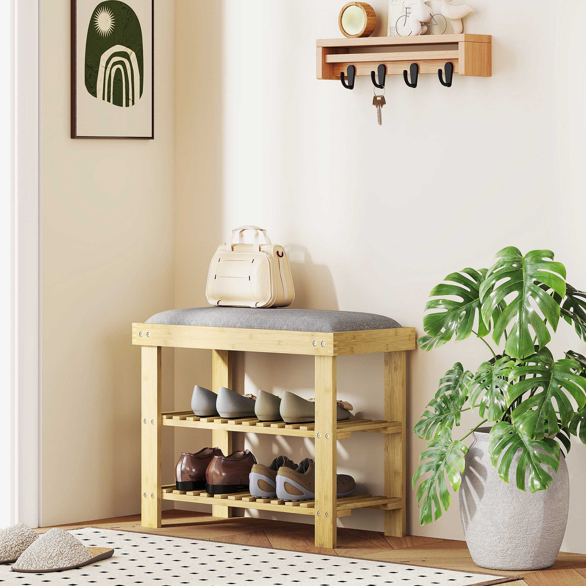 Bamboe-schoenenbank met opbergruimte, 2 planken, 60x29x49 cm, grijs