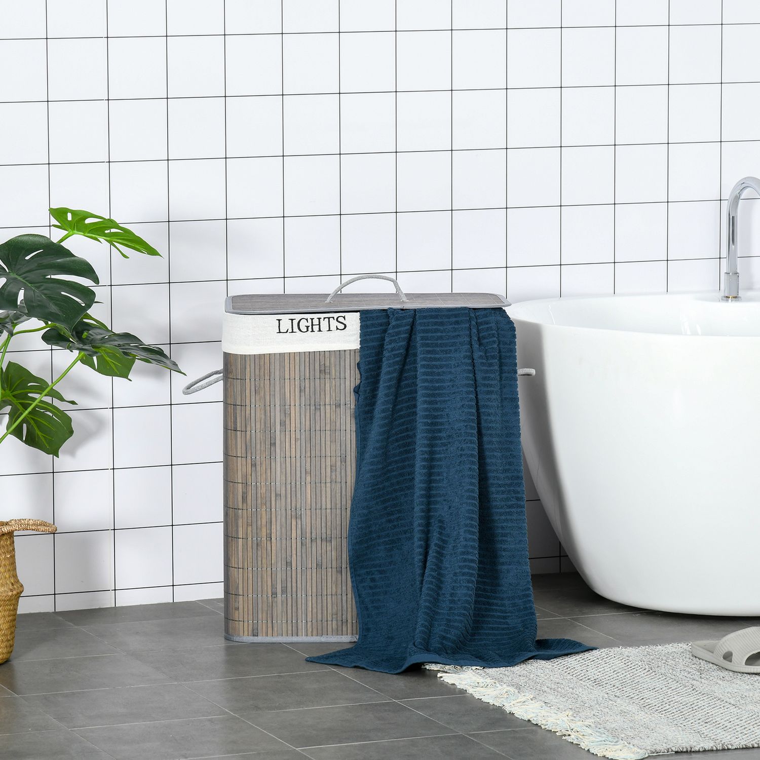 Bambu tvättkorg, 100L, dubbla fack, hopfällbart lock