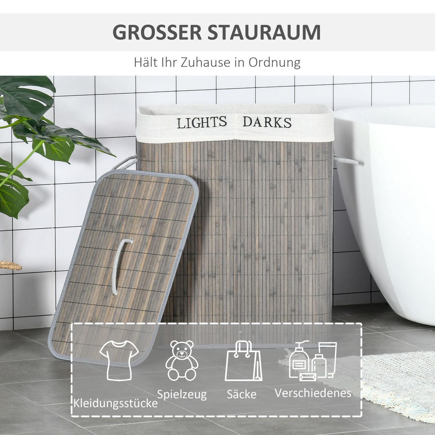 Bambu tvättkorg, 100L, dubbla fack, hopfällbart lock