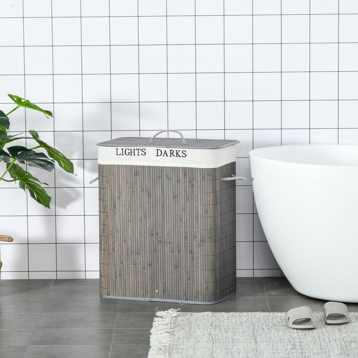 Bambu tvättkorg, 100L, dubbla fack, hopfällbart lock