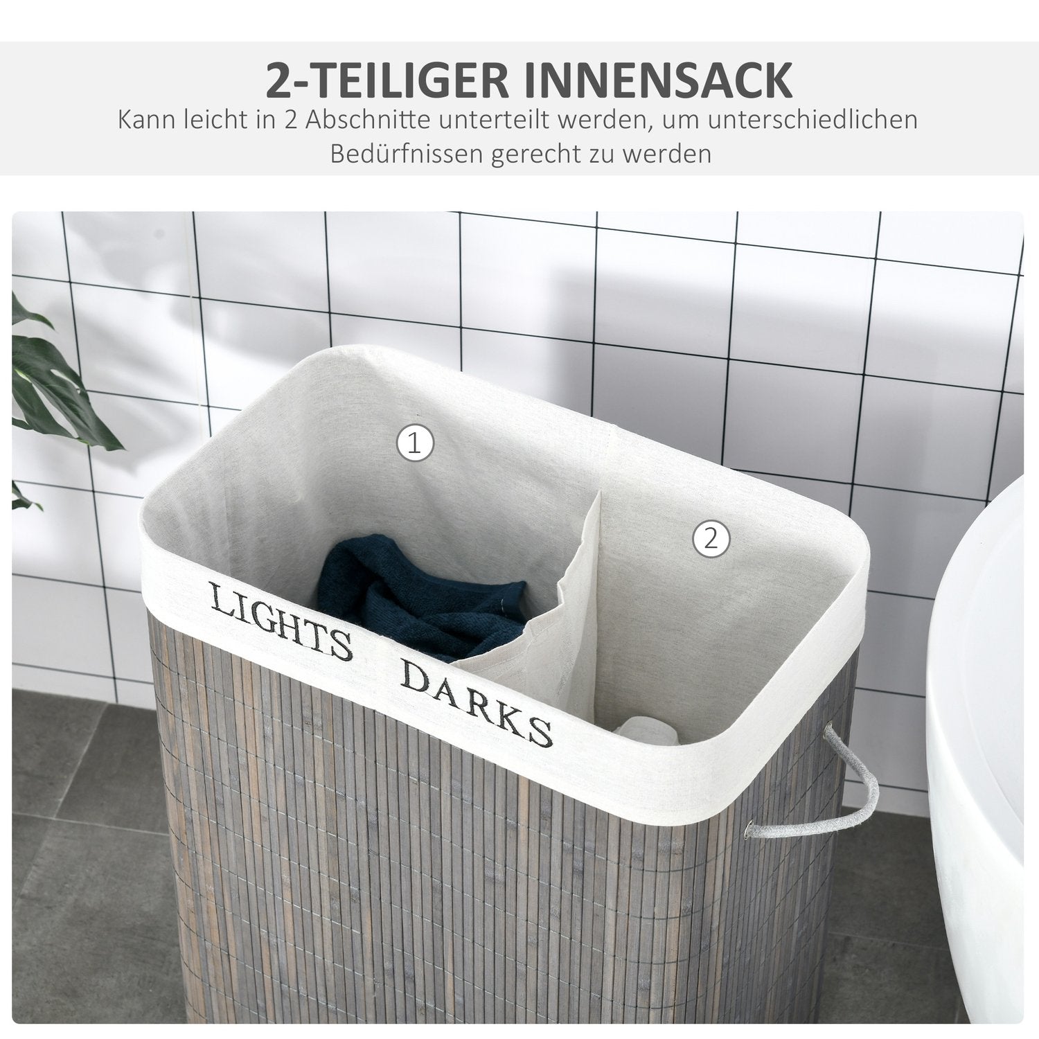 Bambu tvättkorg, 100L, dubbla fack, hopfällbart lock