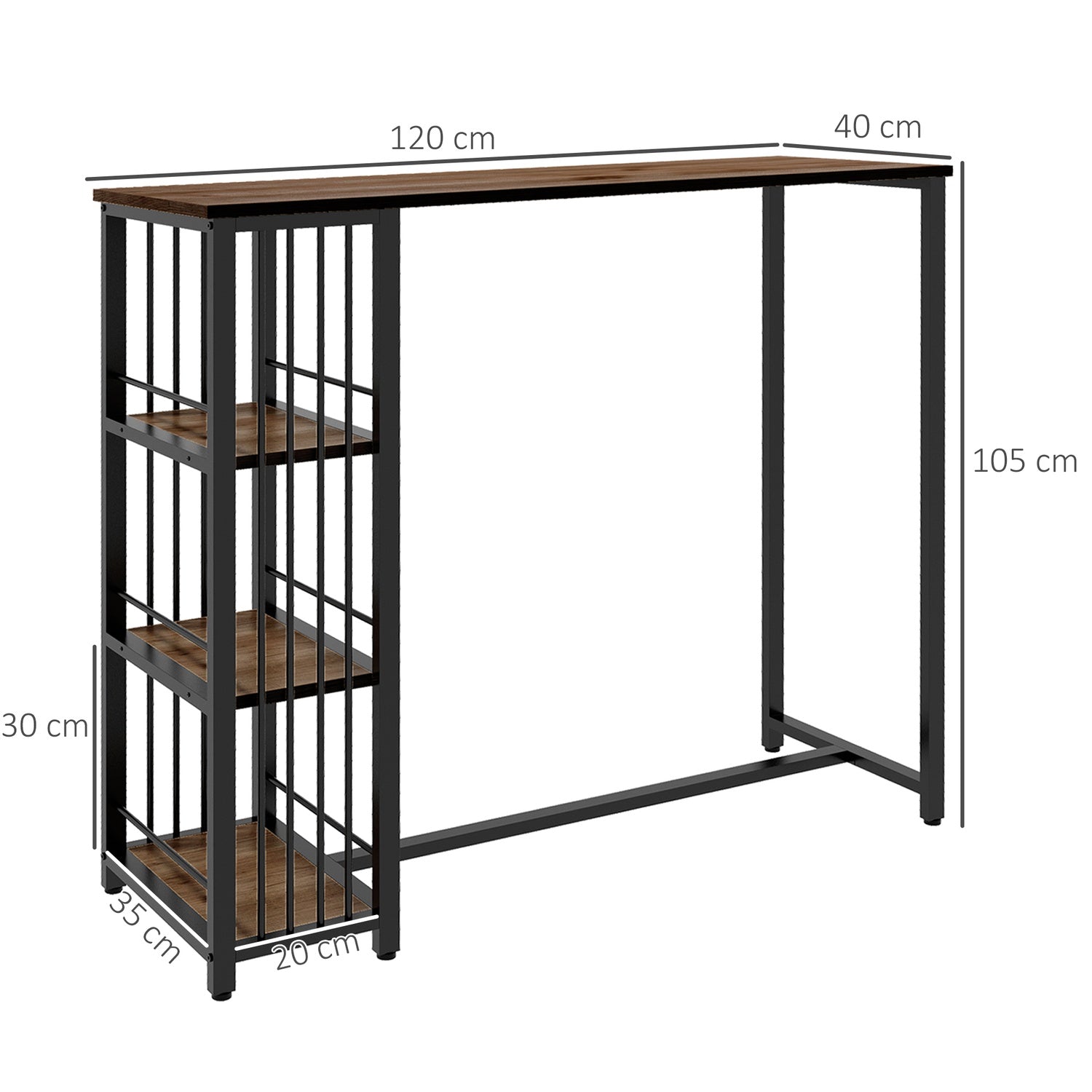 Barbord – trälook, 3 hyllor, stålstomme, 120x40x105 cm