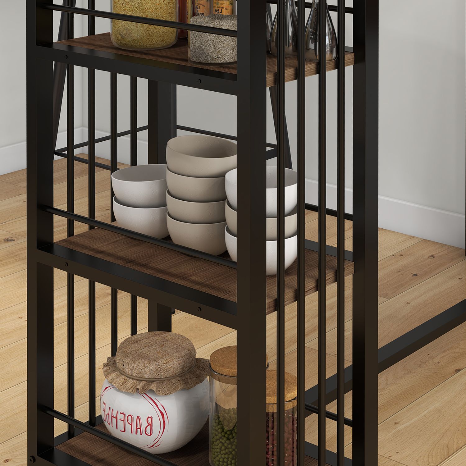 Barbord – trälook, 3 hyllor, stålstomme, 120x40x105 cm