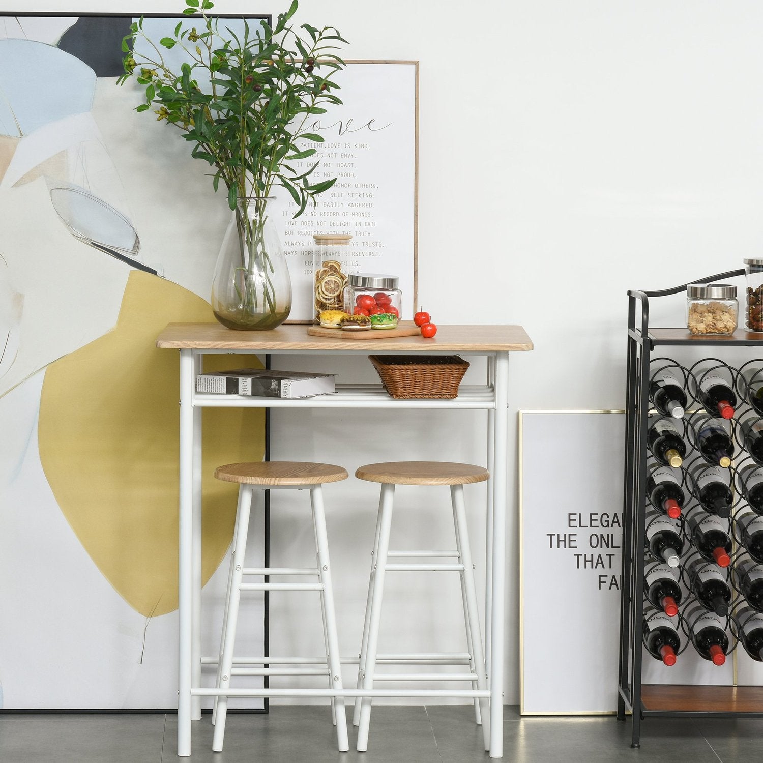 Barbord och stolar med förvaringshylla och dörrmatta