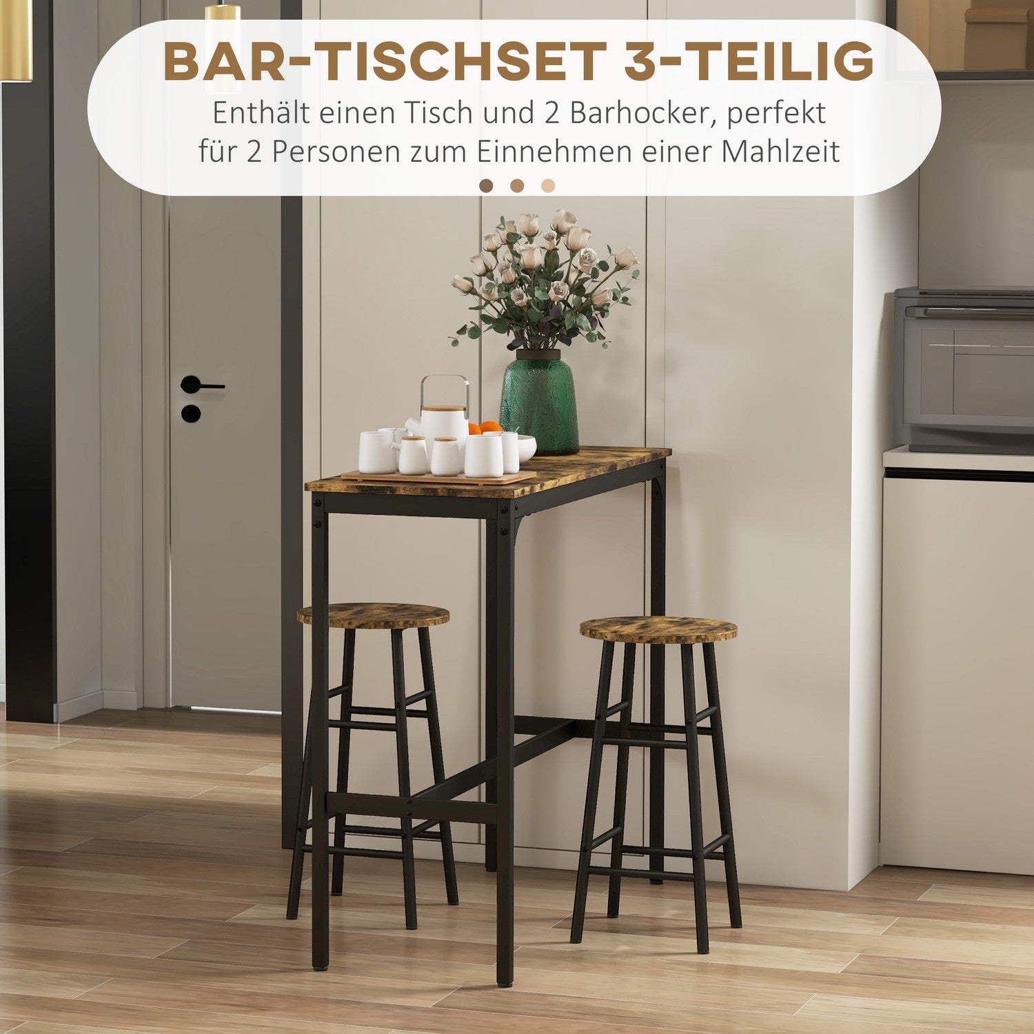 Industriell barbordsset med pallar, rustikt brunt stål