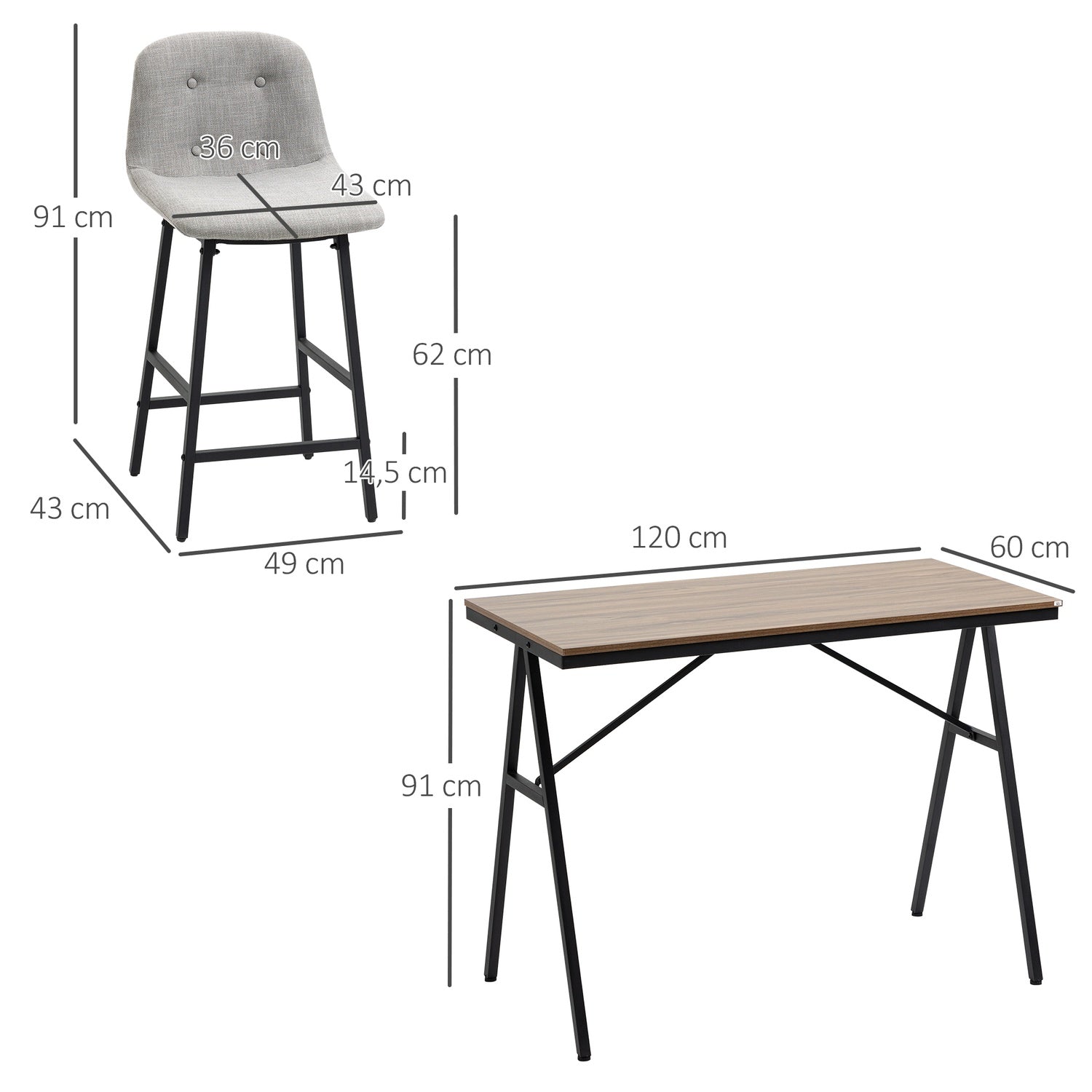Barbordsset, 5-delat, metall, 120x60x91 cm, ljusbrun