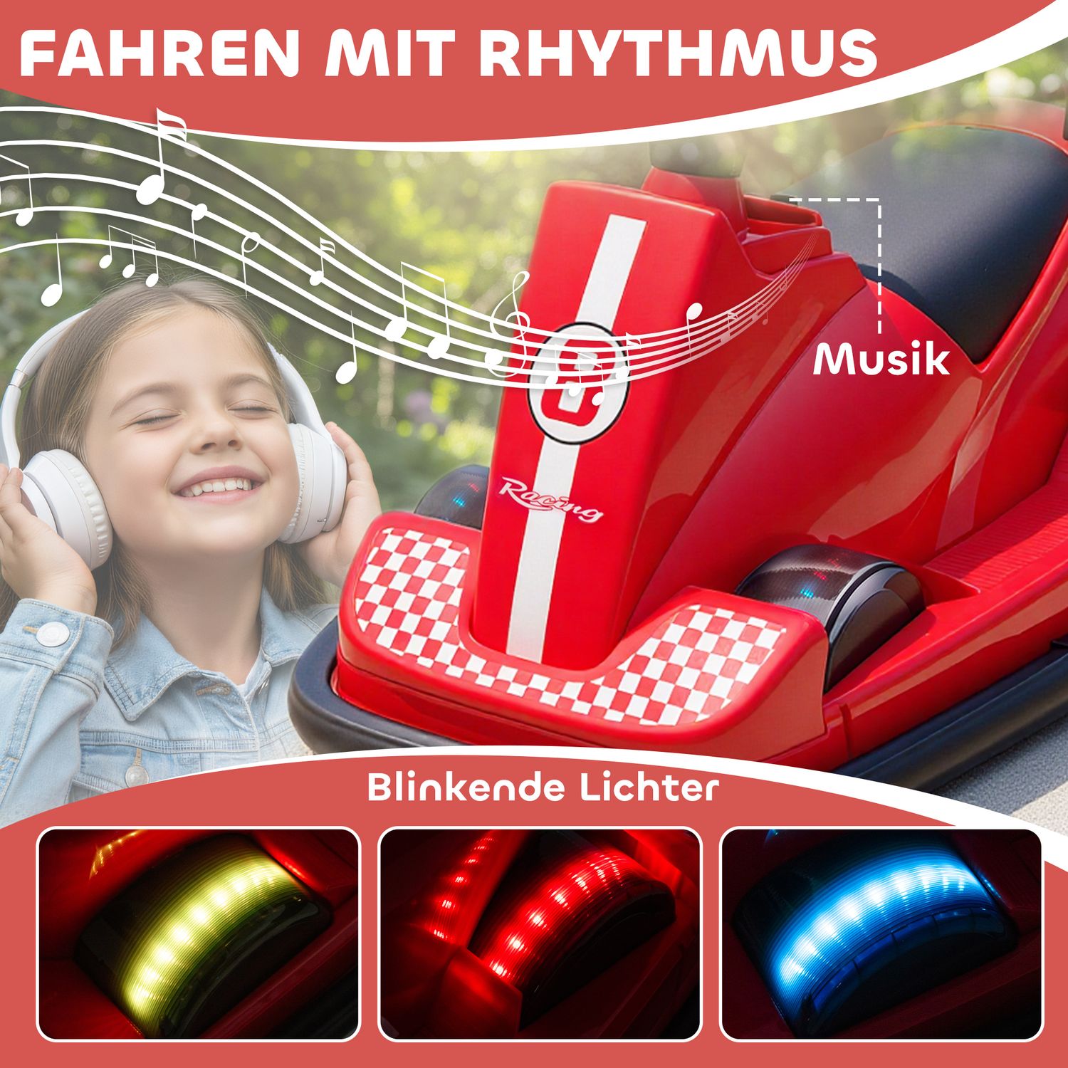 Barnbil, 360 graders snurr, LED-ljus, musik, åldrar 3-8