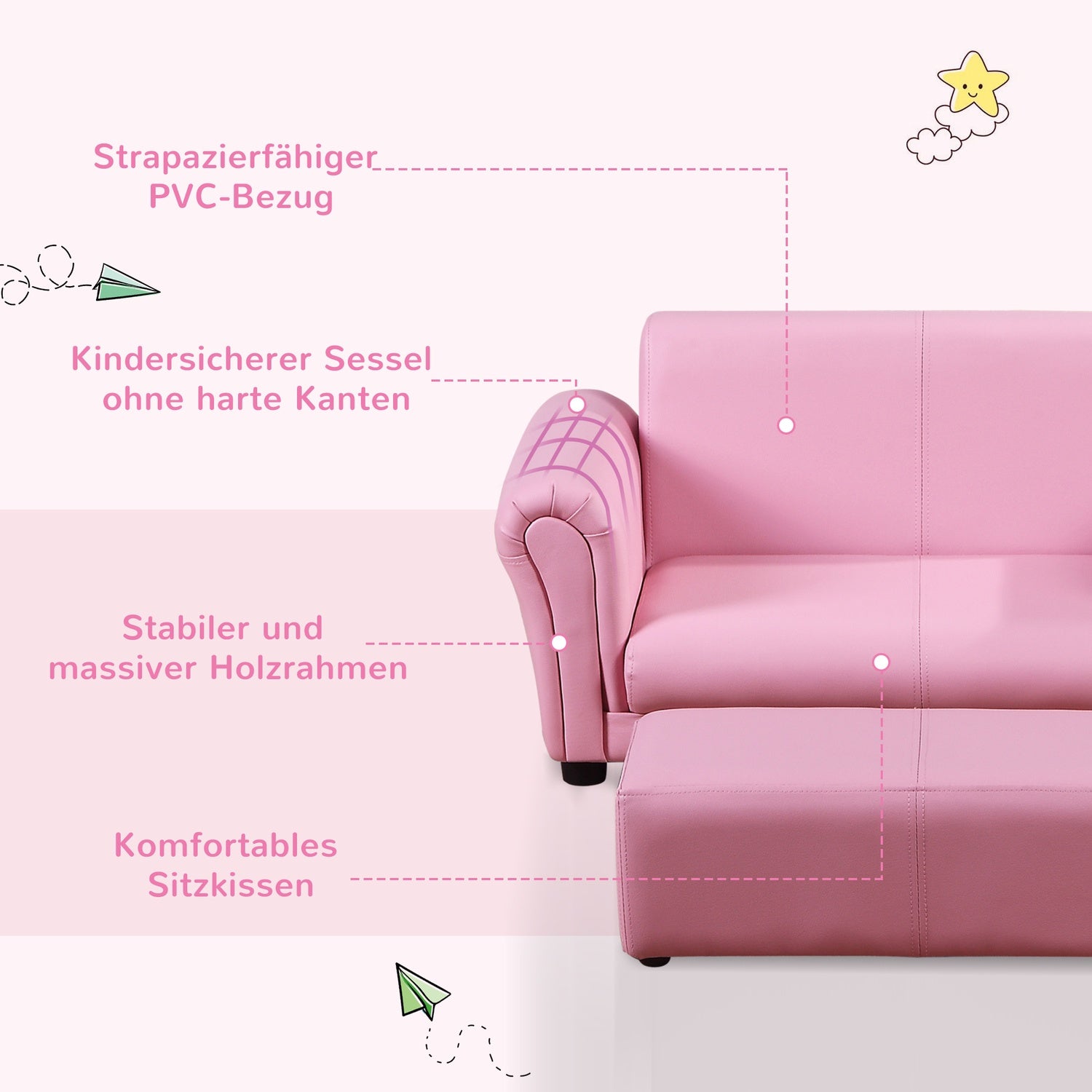 Rosa barnfåtölj & fotpall – 83x42x41cm, Comfort Set