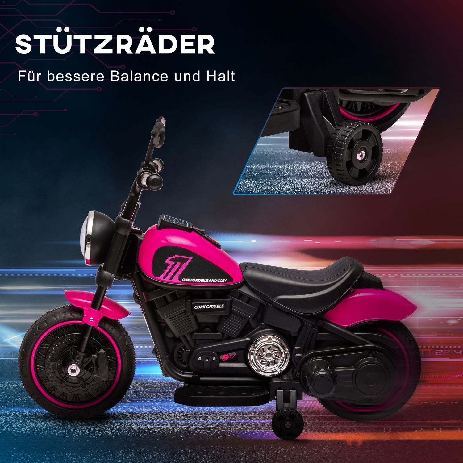Elmotorcykel för barn, rosa, 2 avtagbara hjul, 1,5-3 km/h