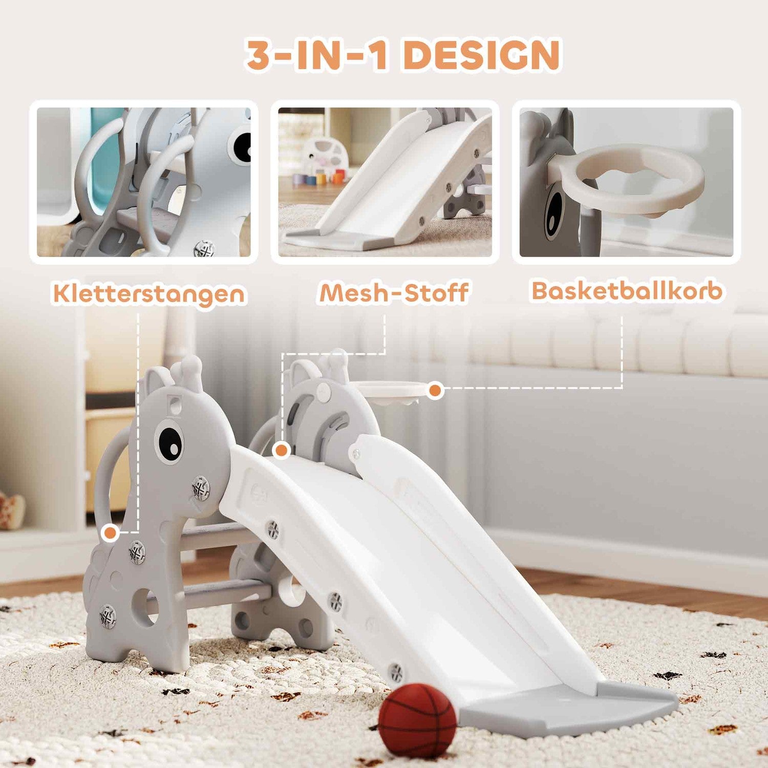 3-i-1 rutschkana för småbarn med basketbåge – inomhus, grå