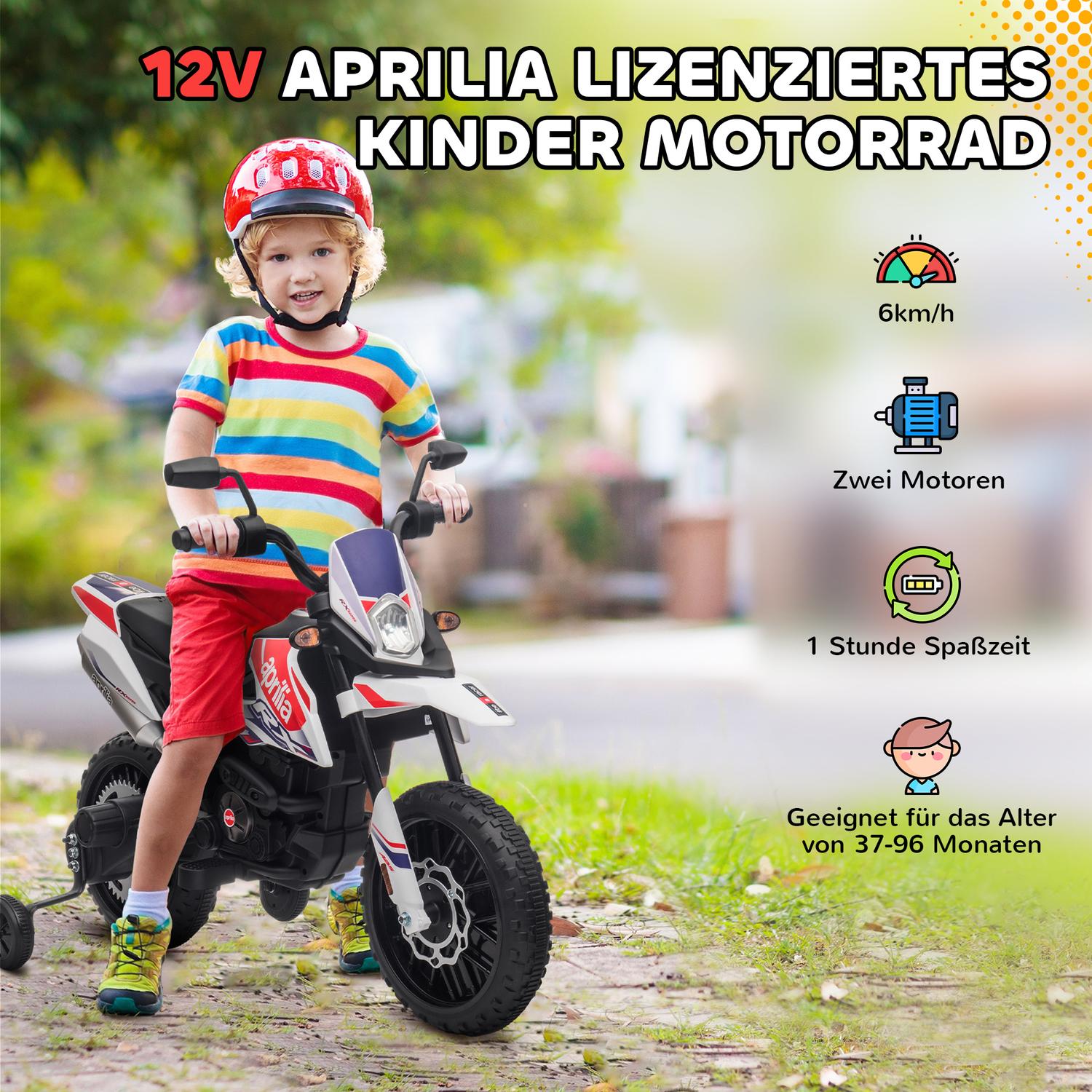Barns 12V elmotorcykel med musik, 6 km/h, Vit