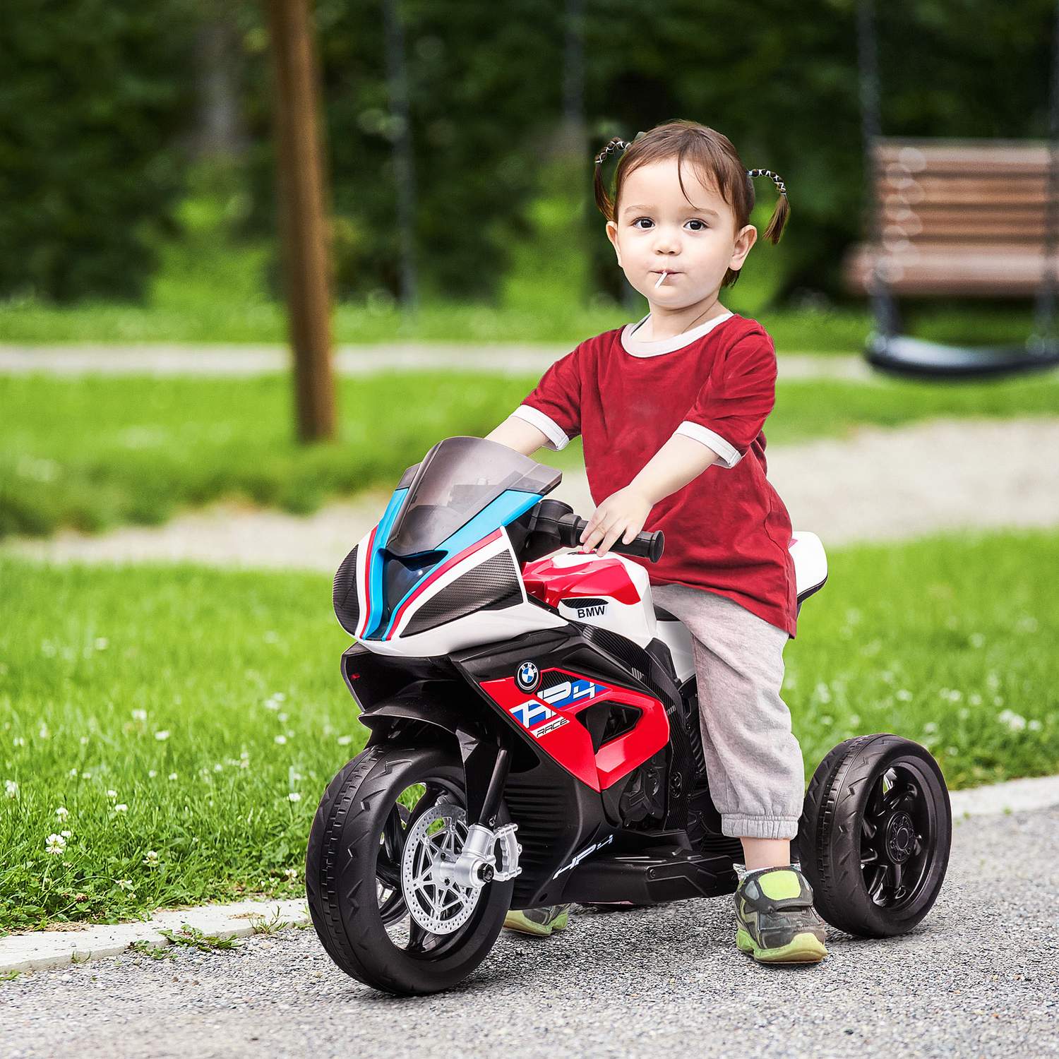Barns 6V elmotorcykel, 3 musiklägen, röd