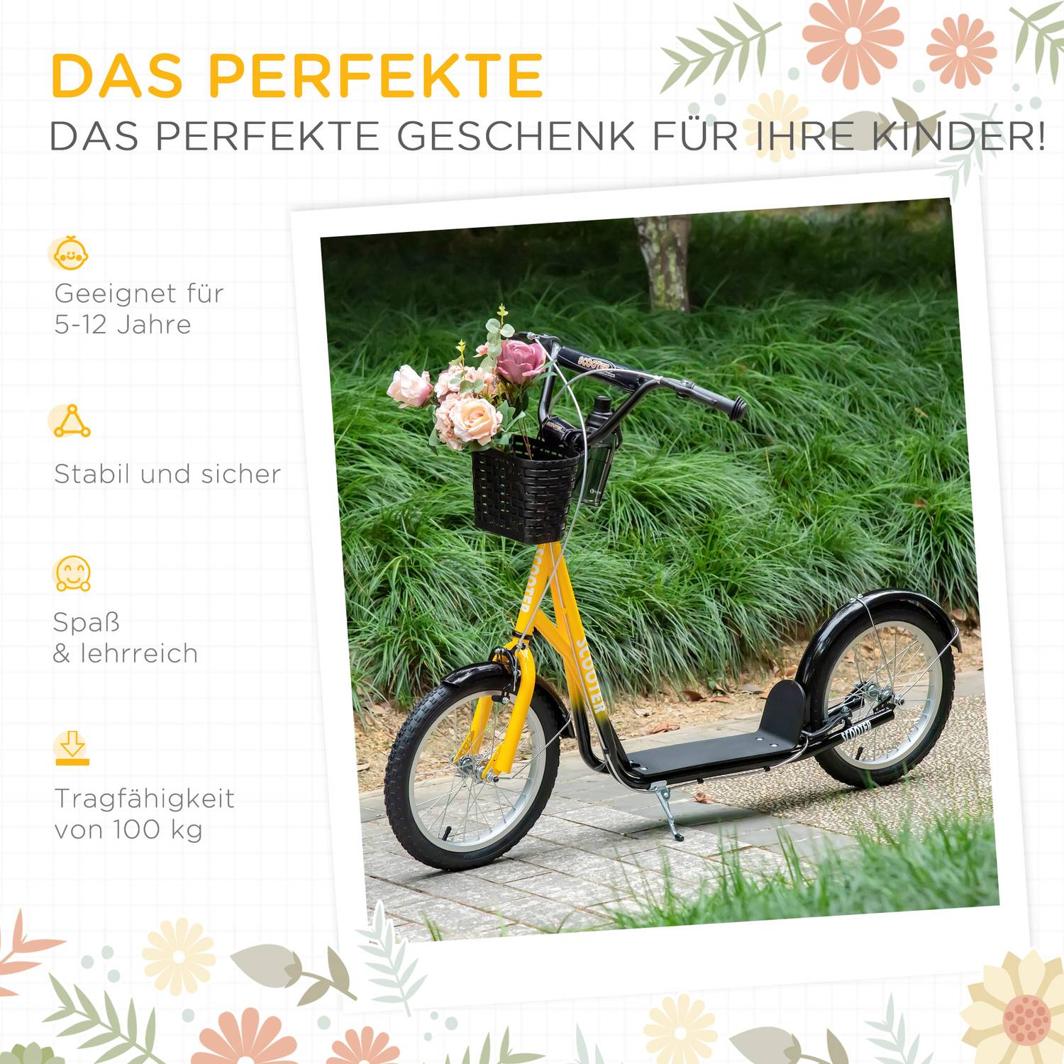 Barns höjdjusterbar sparkcykel, 2 bromsar, stora hjul