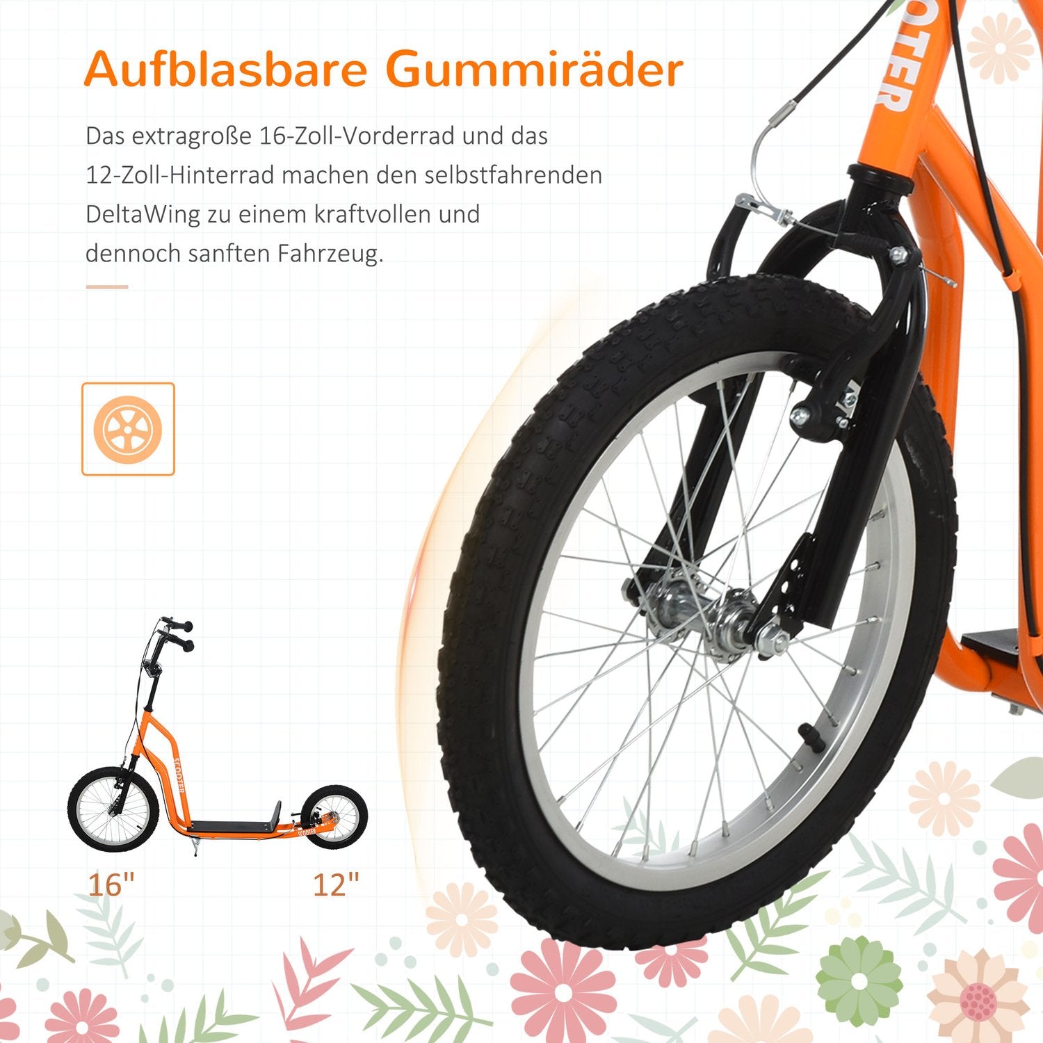 Cityscooter för barn, luftdäck, orange, 16/12 tum