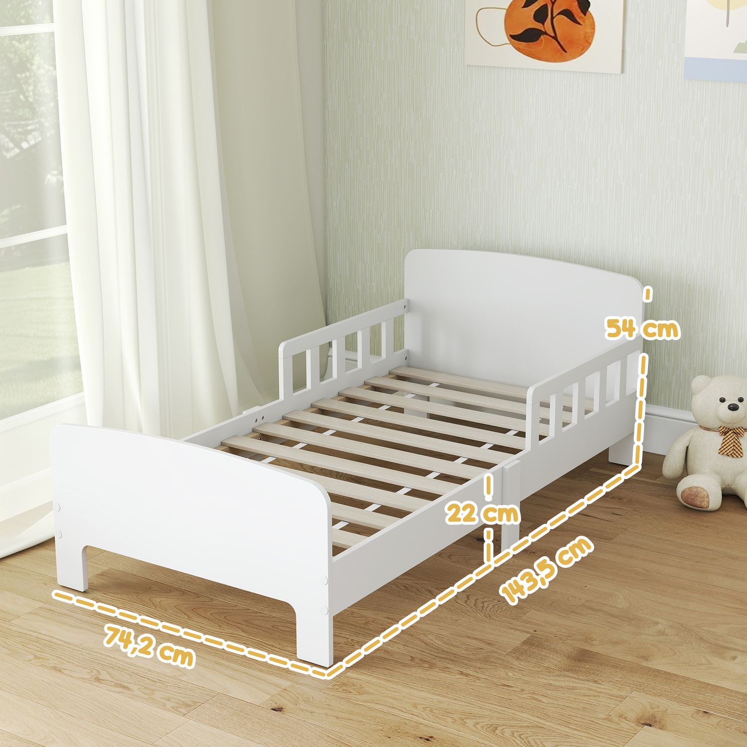 Kinderbed met veiligheidshekken, MDF, leeftijden 3–8 jaar, wit