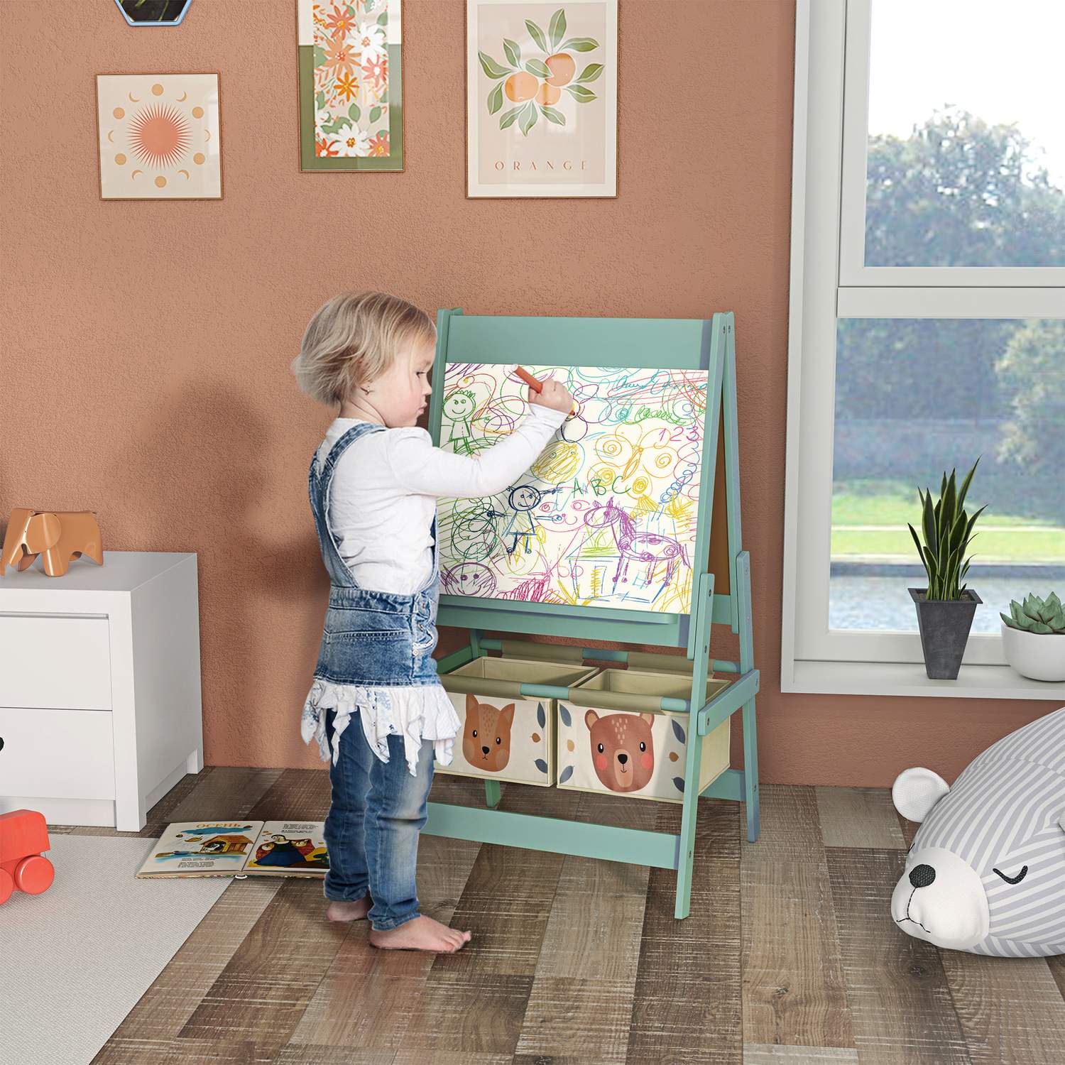 3-i-1 staffli för barn – Svarta tavla och whiteboard med pappersrulle