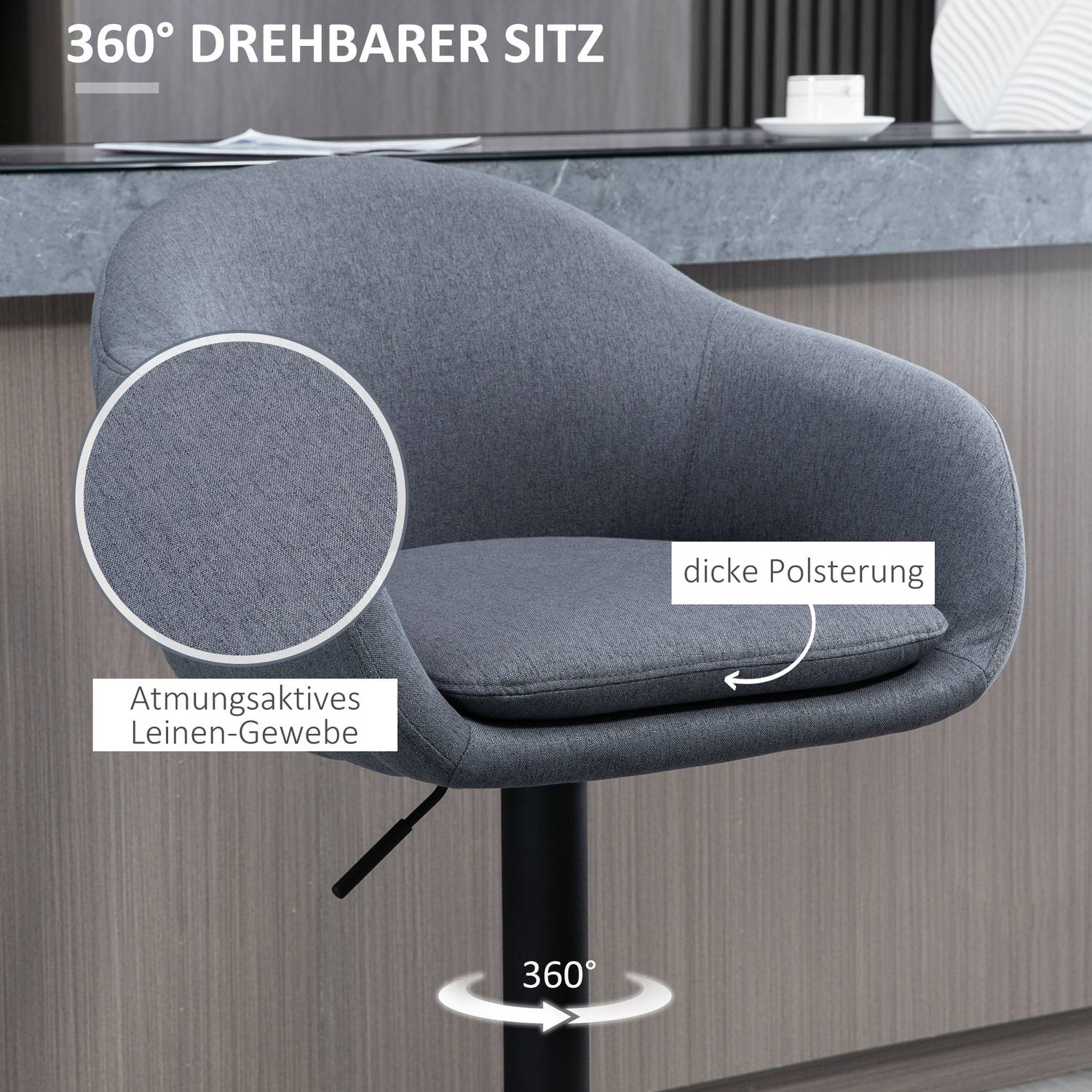 Justerbar barstol, 360° vridbar, linne-look, mörkgrå