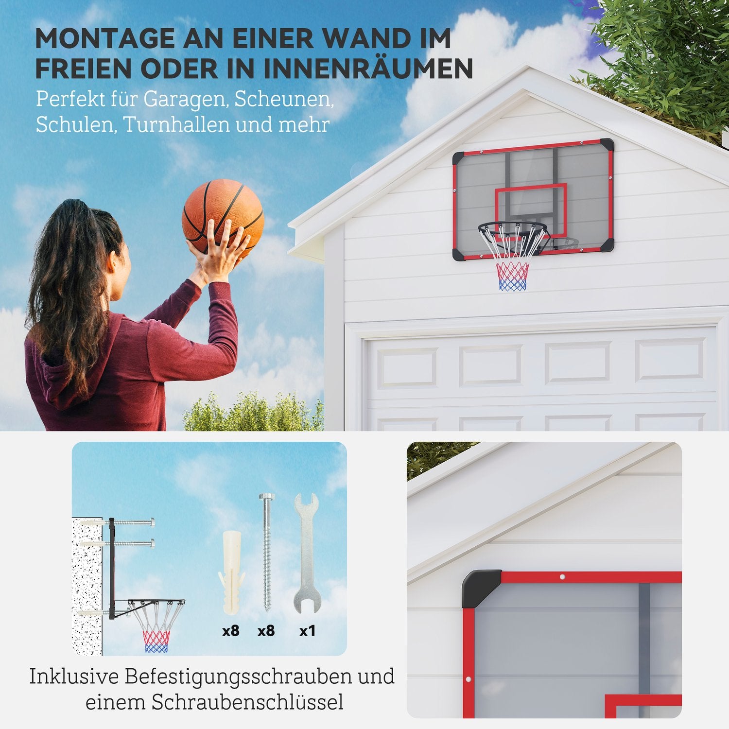 Basketbåge utomhus i stål, väggmonterad, 113 x 61 x 73 cm