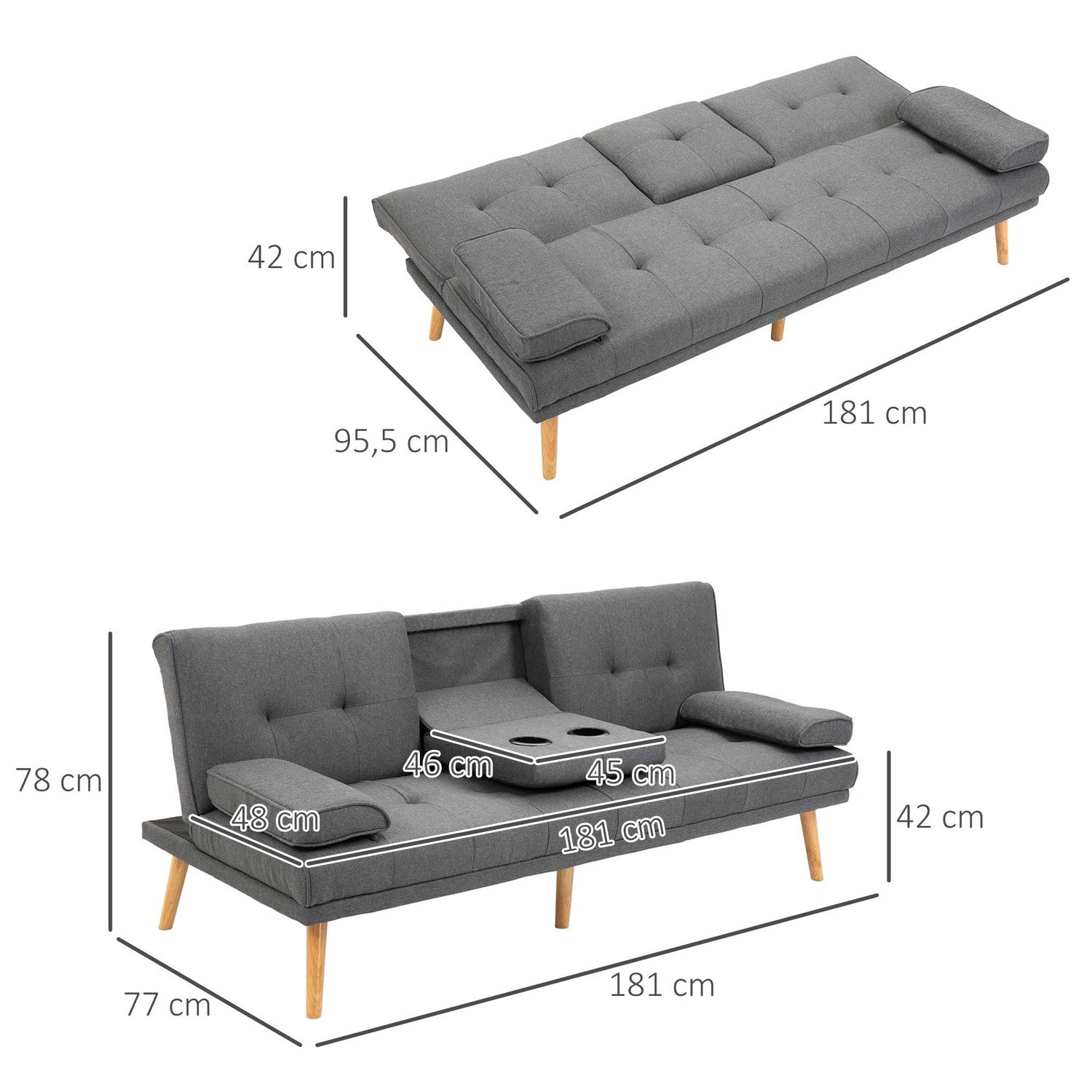 Mörkgrå 3-sits bäddsoffa med hopfällbart bord & mugghållare