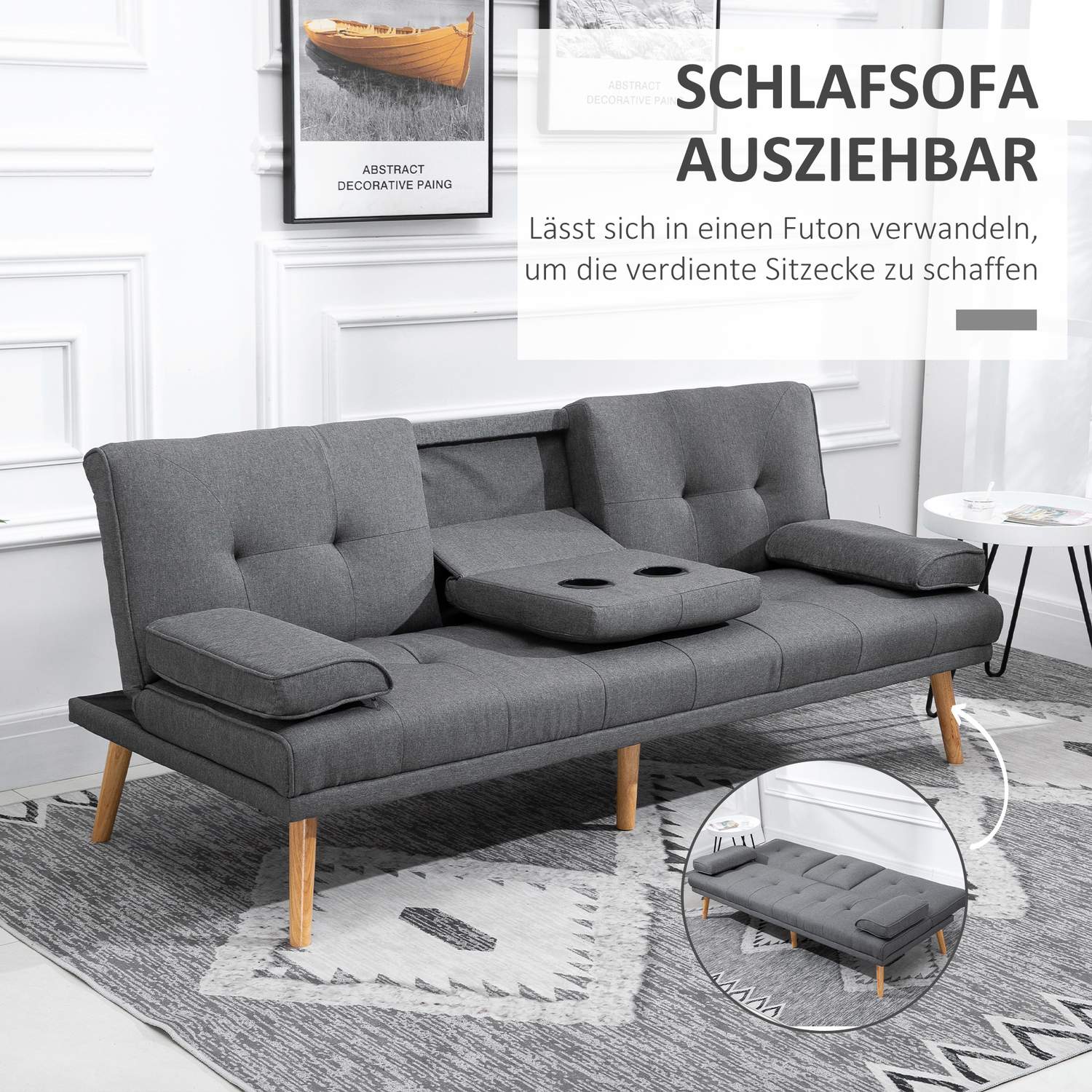 Mörkgrå 3-sits bäddsoffa med hopfällbart bord & mugghållare