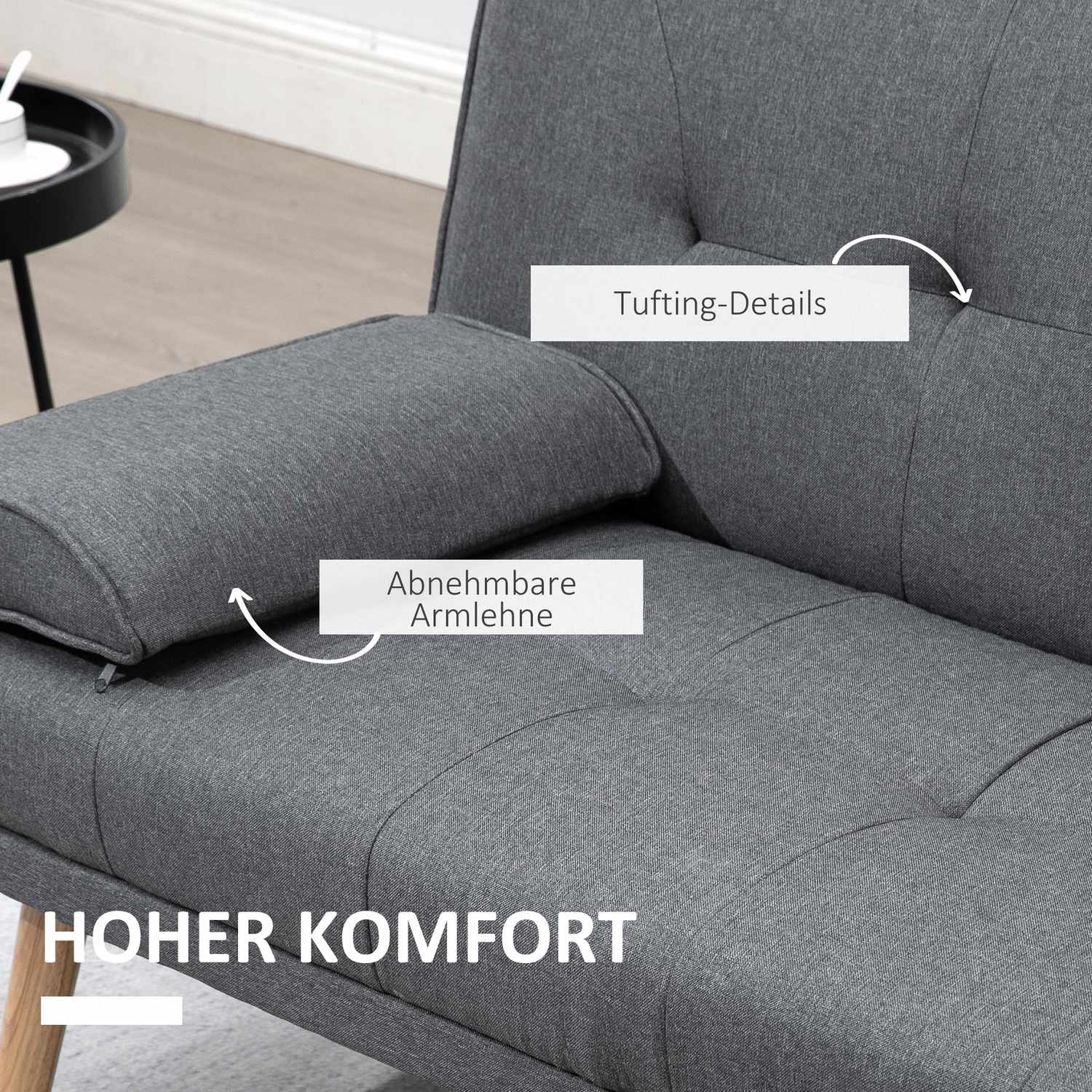 Mörkgrå 3-sits bäddsoffa med hopfällbart bord & mugghållare