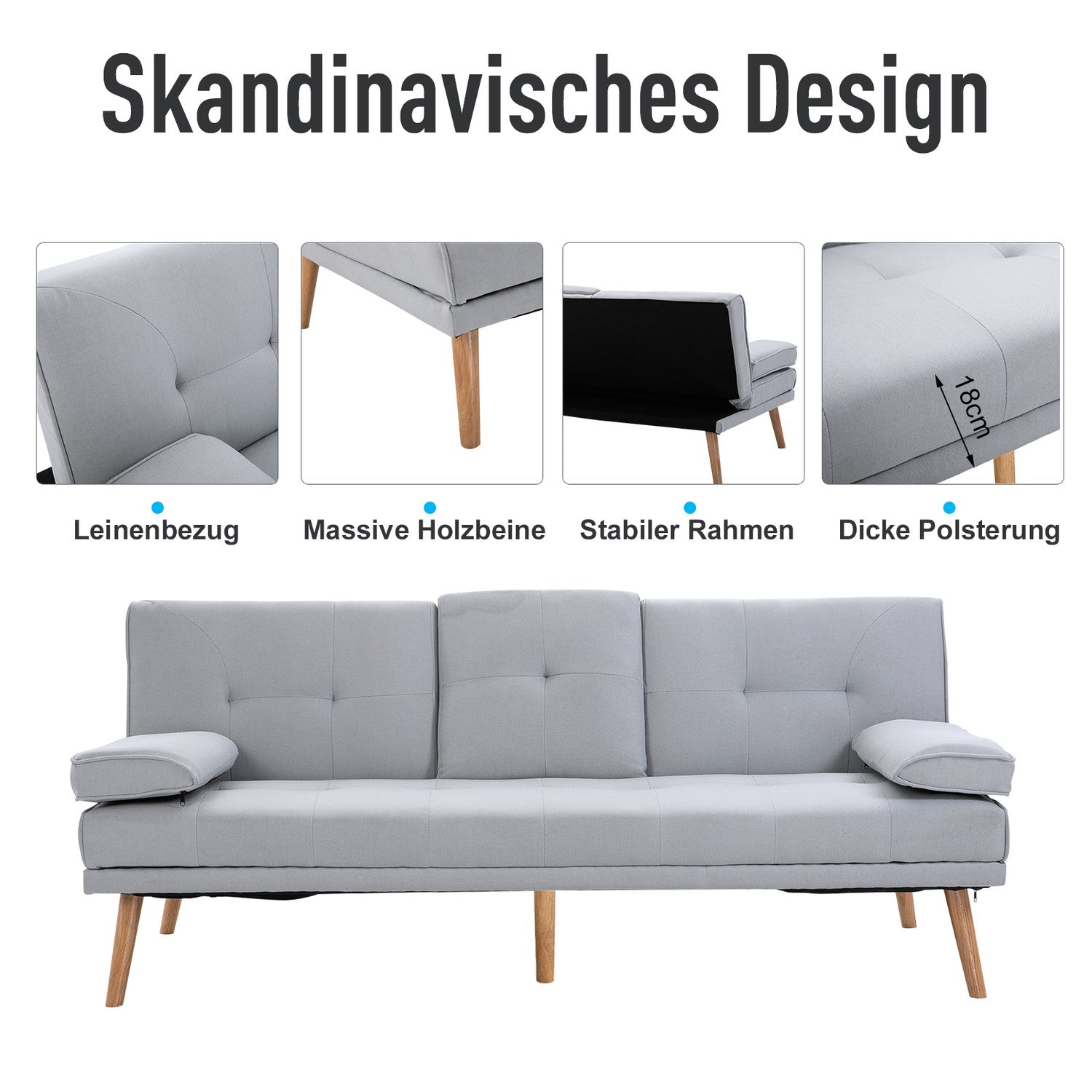Ljusgrå bäddsoffa i linne, 3-sits, 181x77x72 cm