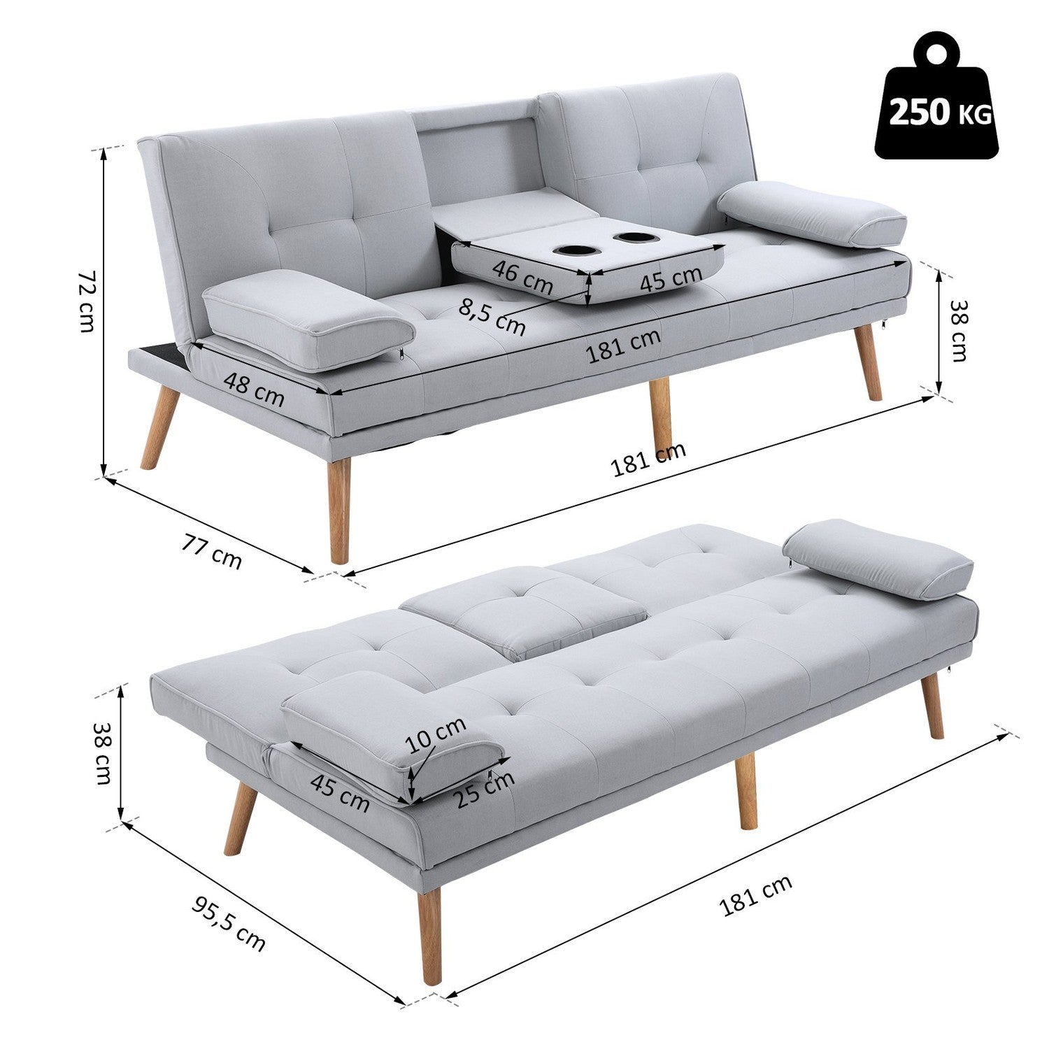 Ljusgrå bäddsoffa i linne, 3-sits, 181x77x72 cm