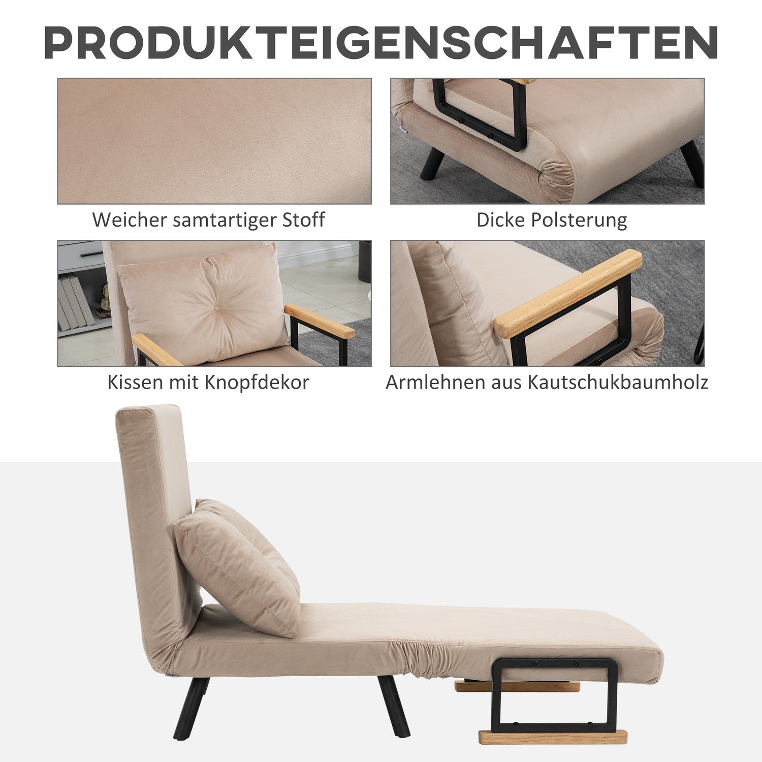 Bäddsoffa med justerbart ryggstöd, sammetslook, beige