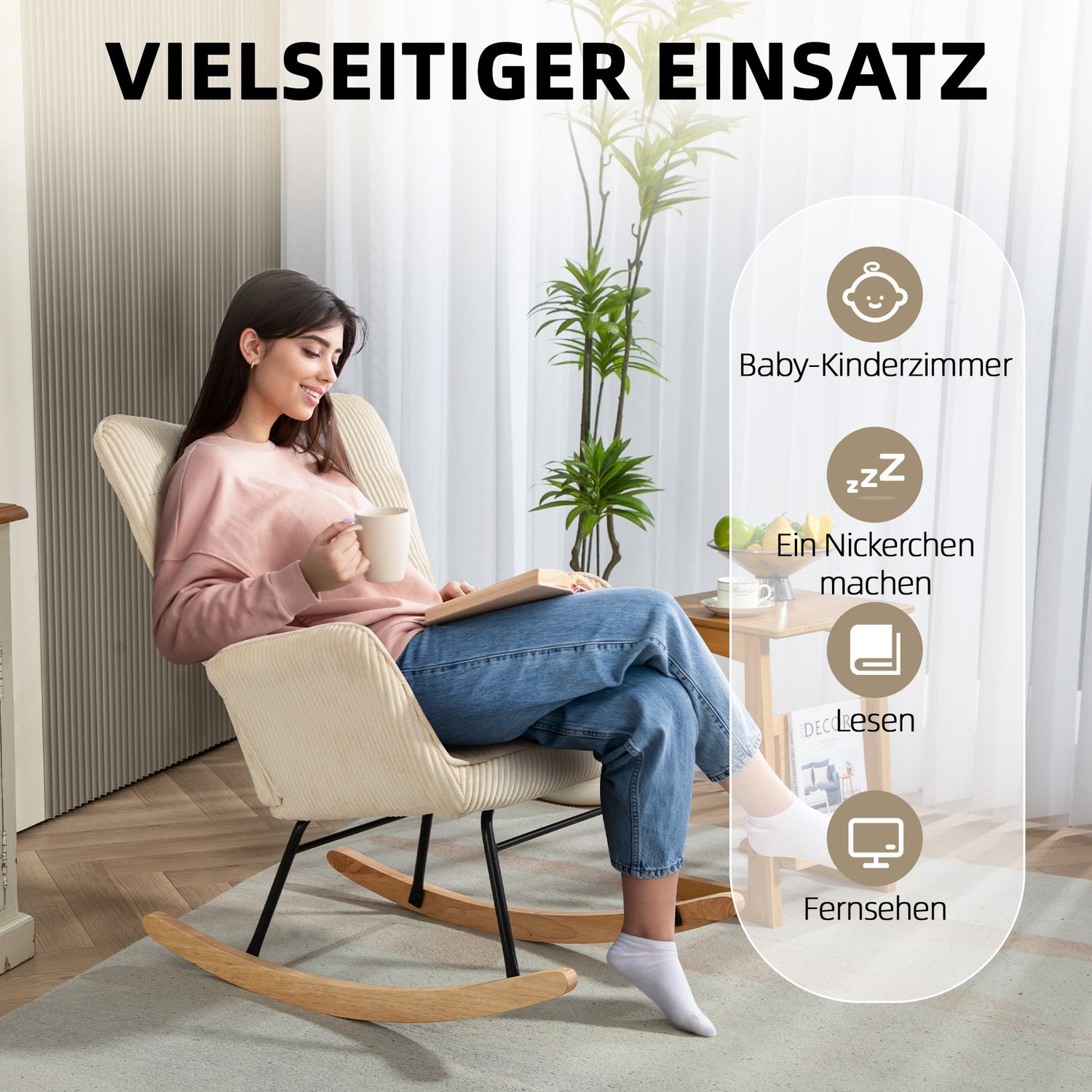 Beige avkopplande gungstol med trälöpare