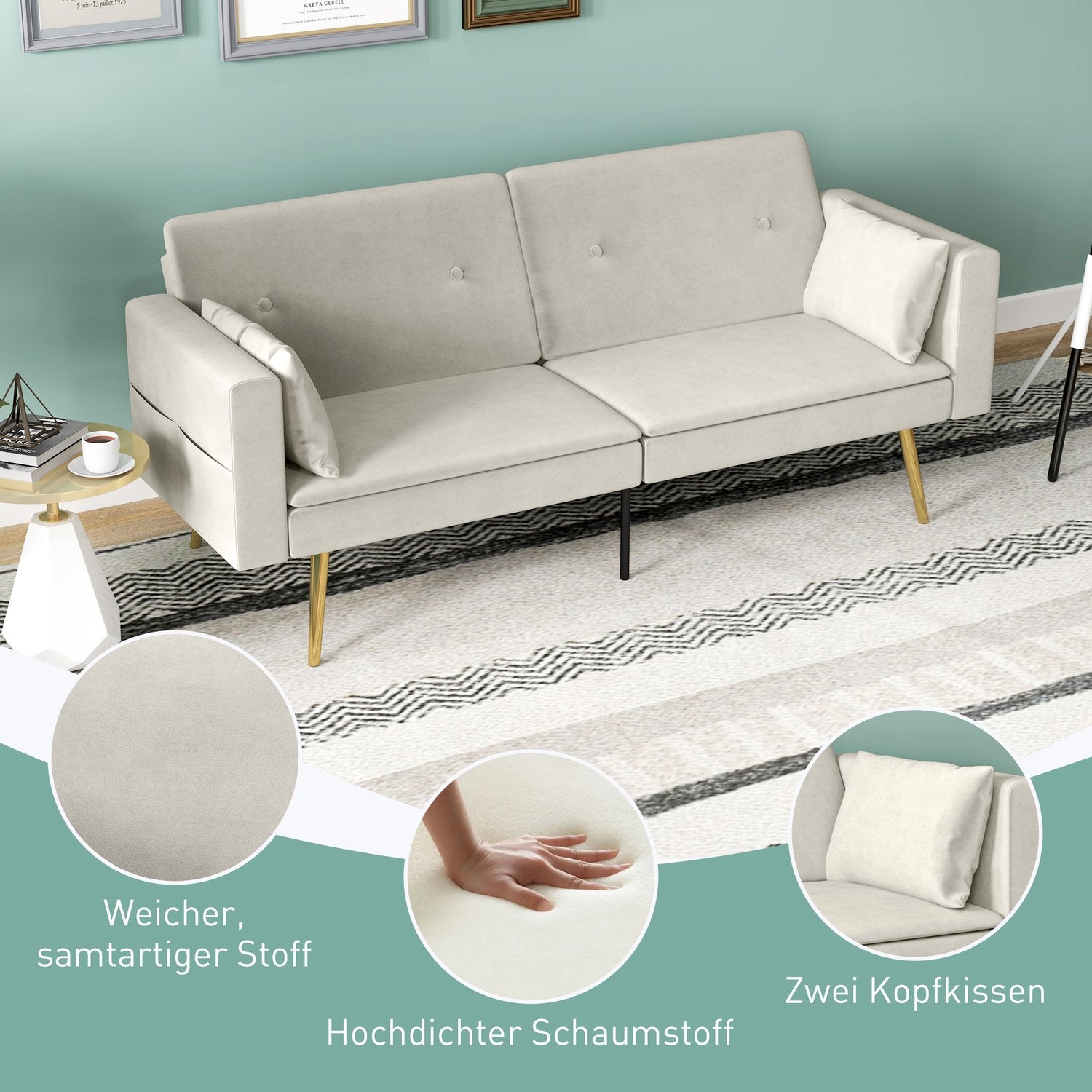 Beige bäddsoffa, 2-sits med justerbart ryggstöd & ficka