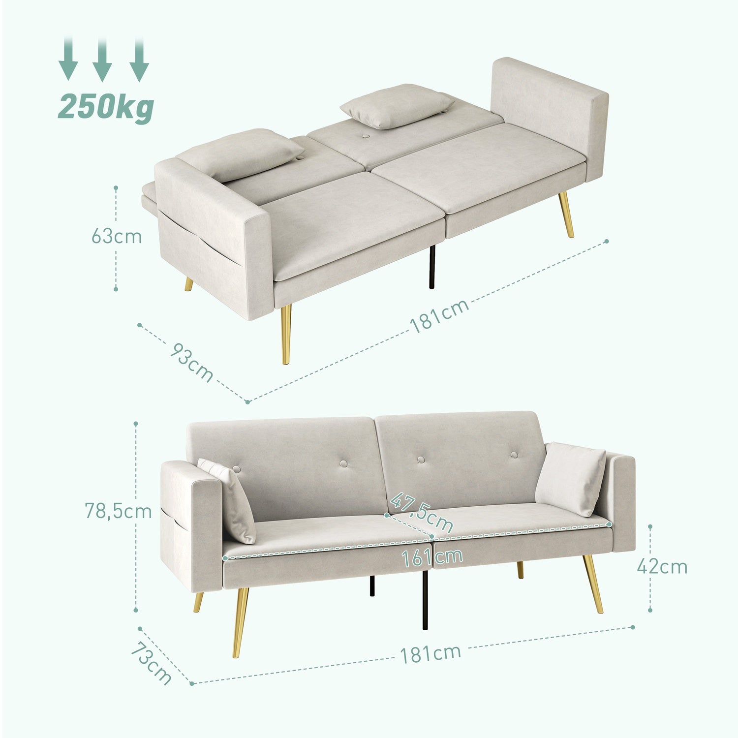 Beige bäddsoffa, 2-sits med justerbart ryggstöd & ficka