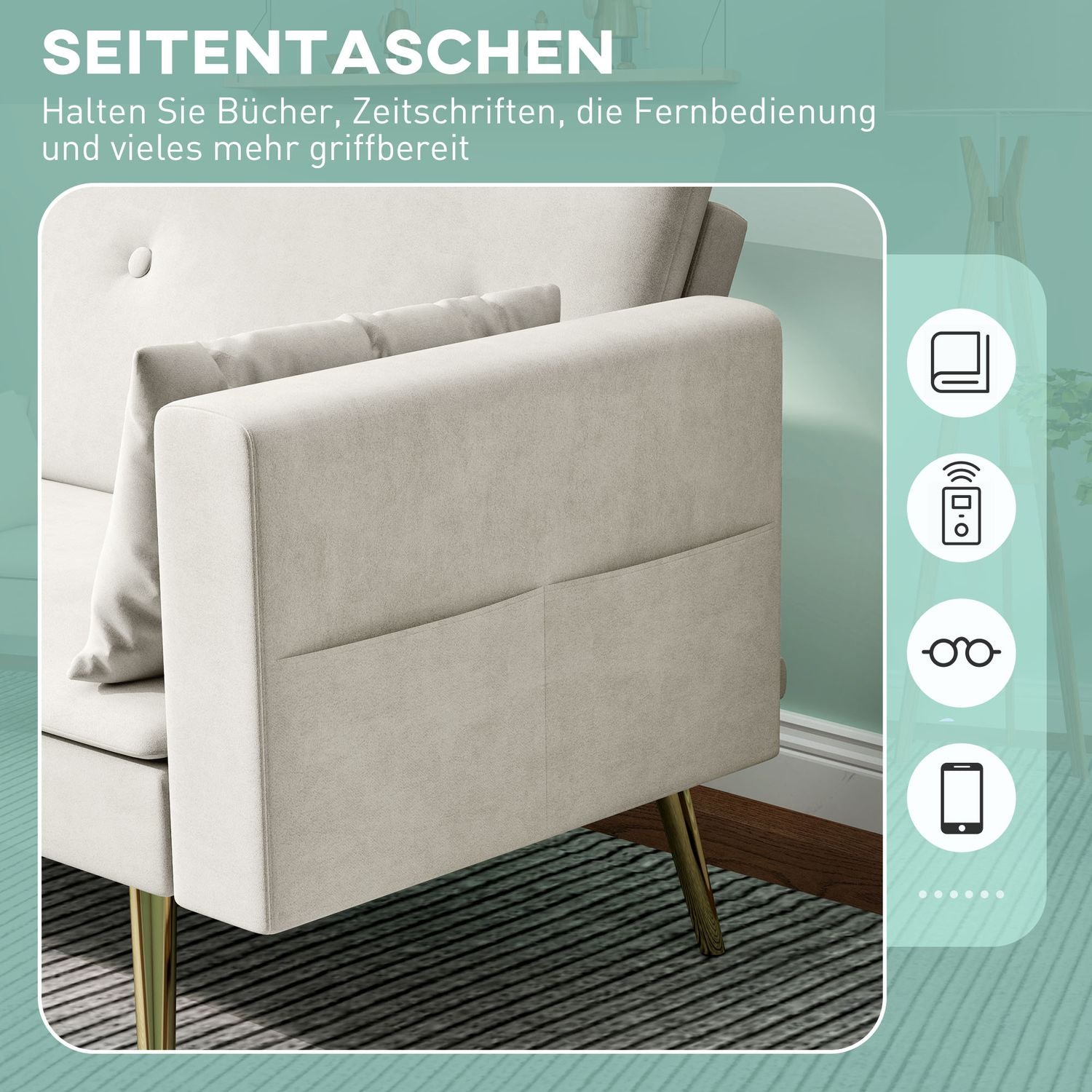 Beige bäddsoffa, 2-sits med justerbart ryggstöd & ficka
