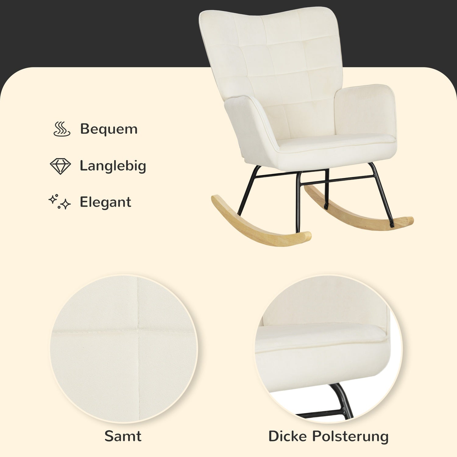 Beige sammets gungfåtölj med trälöpare