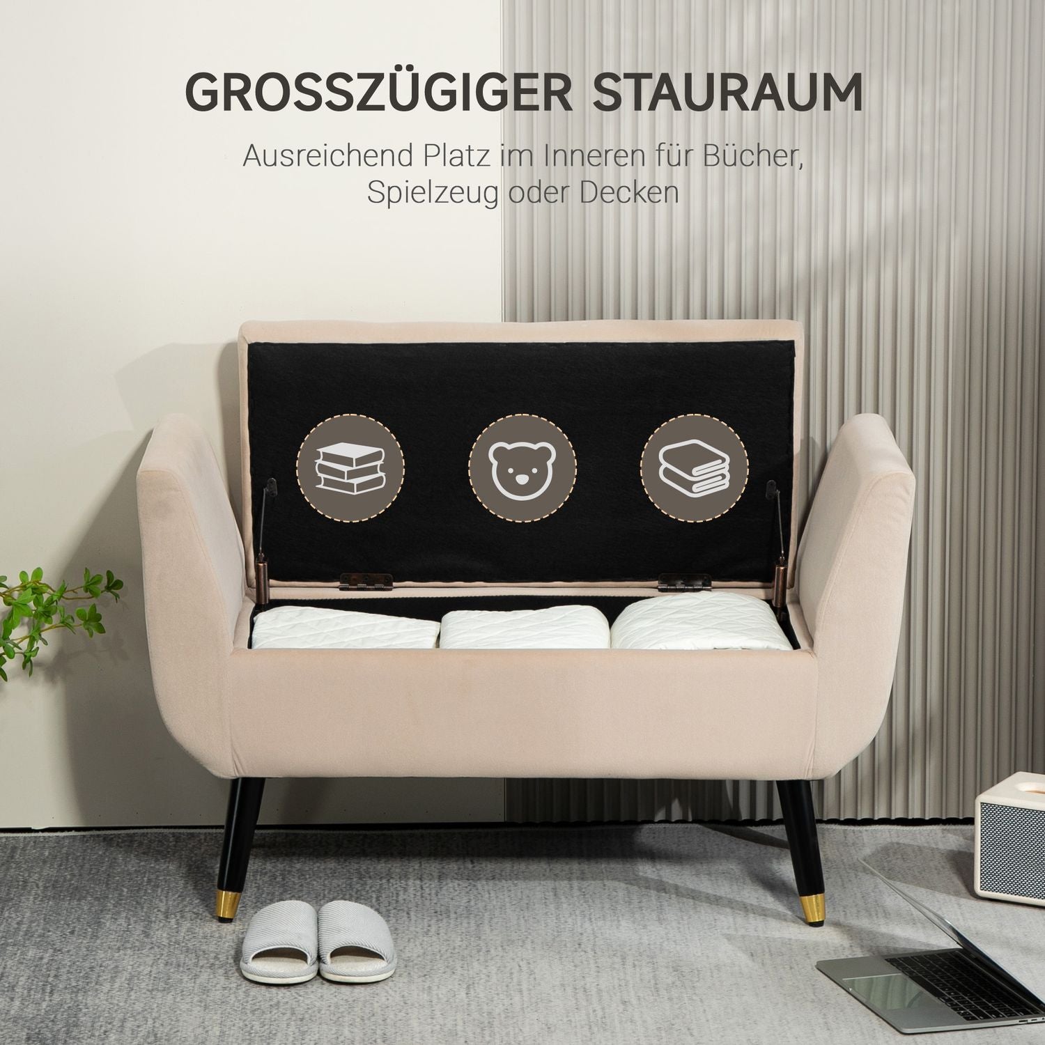 Beige stoppad förvaringsbänk med armstöd – sammetsfinish