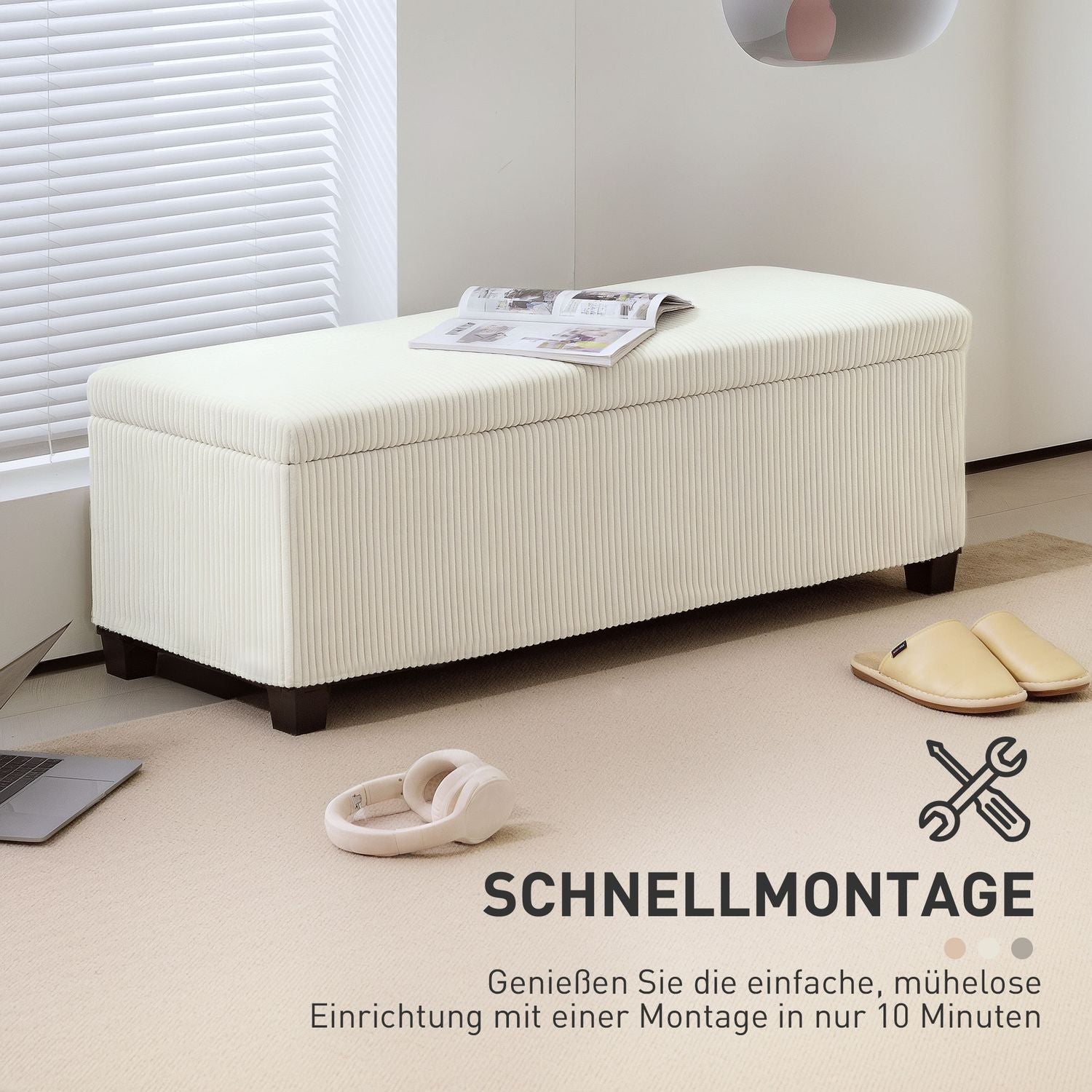 Beige stoppad förvaringsbänk, stålben, 112 x 42 x 40 cm