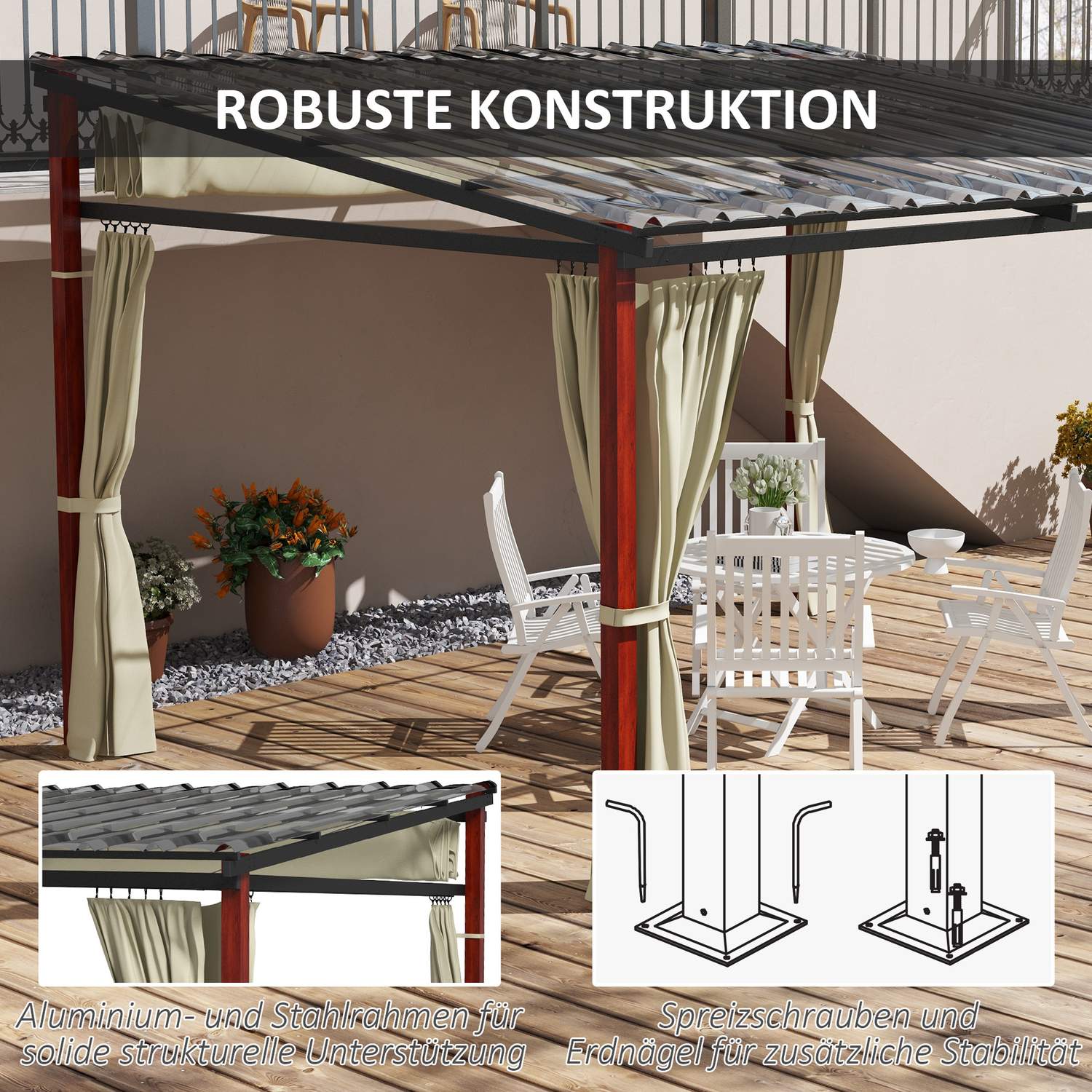 Beige vindtät pergola 3,5x3m med justerbart tak