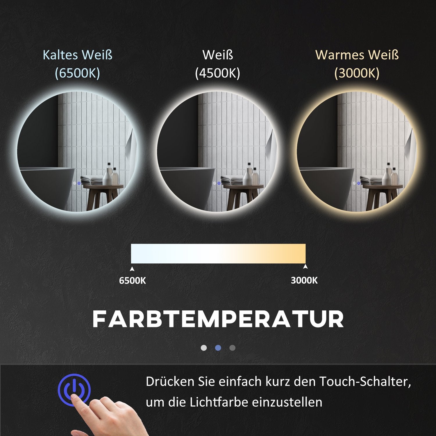 Belyst badrumsspegel, Ø70 cm, Anti-Imma, Touch Switch