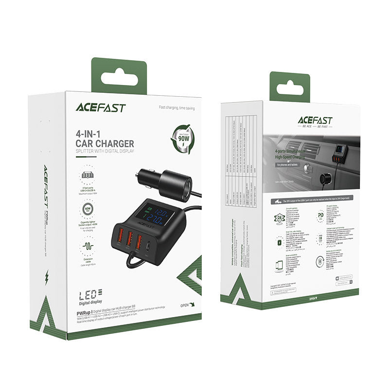 Billaddare laddstation 90W USB-C 3x USB QC 3.0 svart