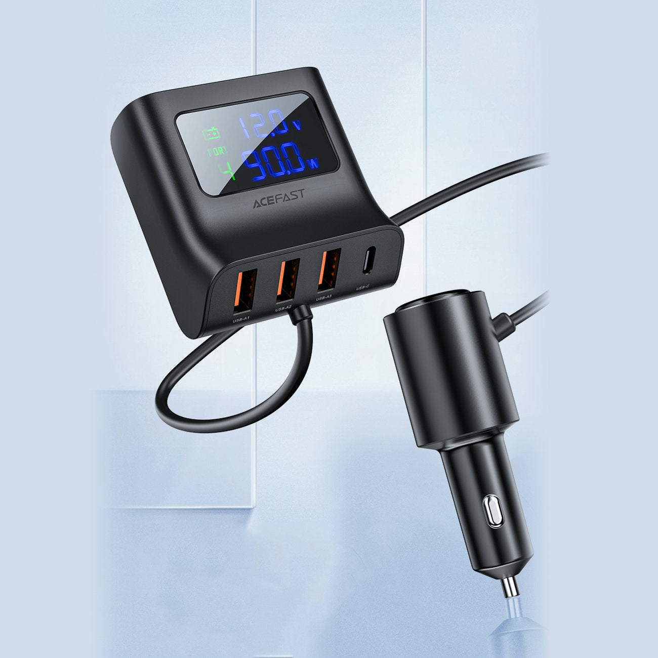Billaddare laddstation 90W USB-C 3x USB QC 3.0 svart