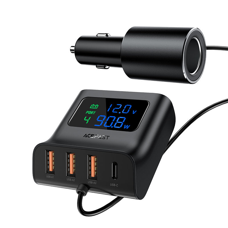 Billaddare laddstation 90W USB-C 3x USB QC 3.0 svart