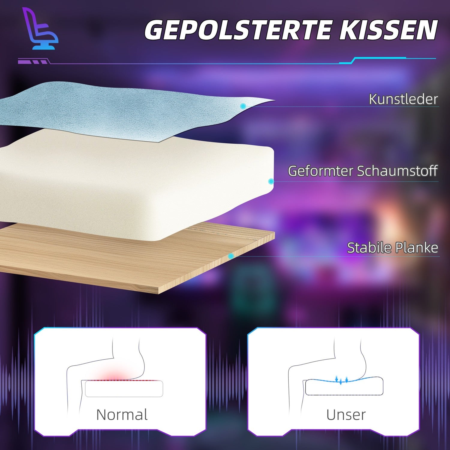 Blå Ergonomisk spelstol, liggande med fotstöd och kuddar