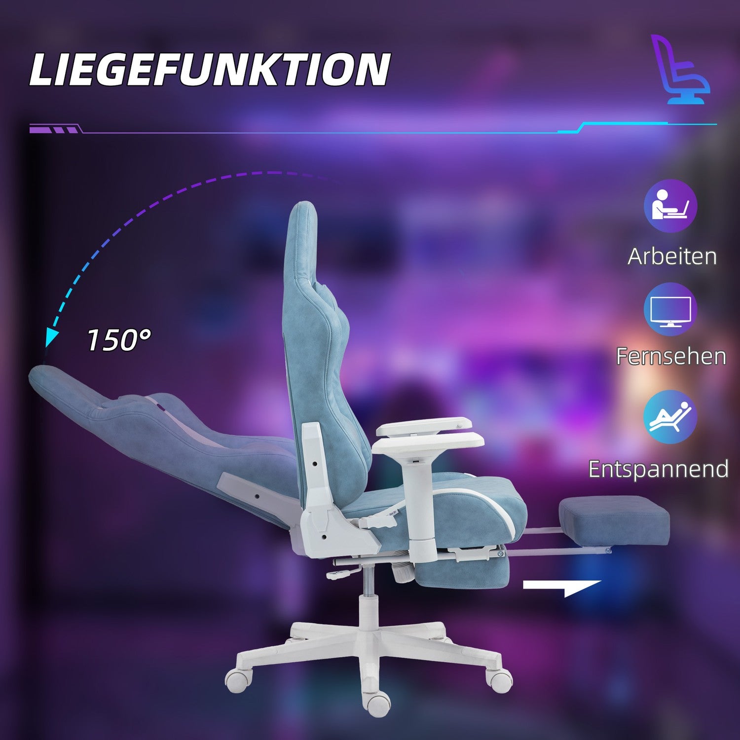 Blå Ergonomisk spelstol, liggande med fotstöd och kuddar