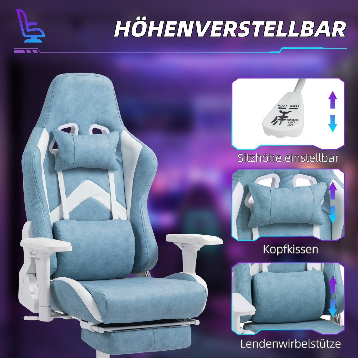 Blå Ergonomisk spelstol, liggande med fotstöd och kuddar