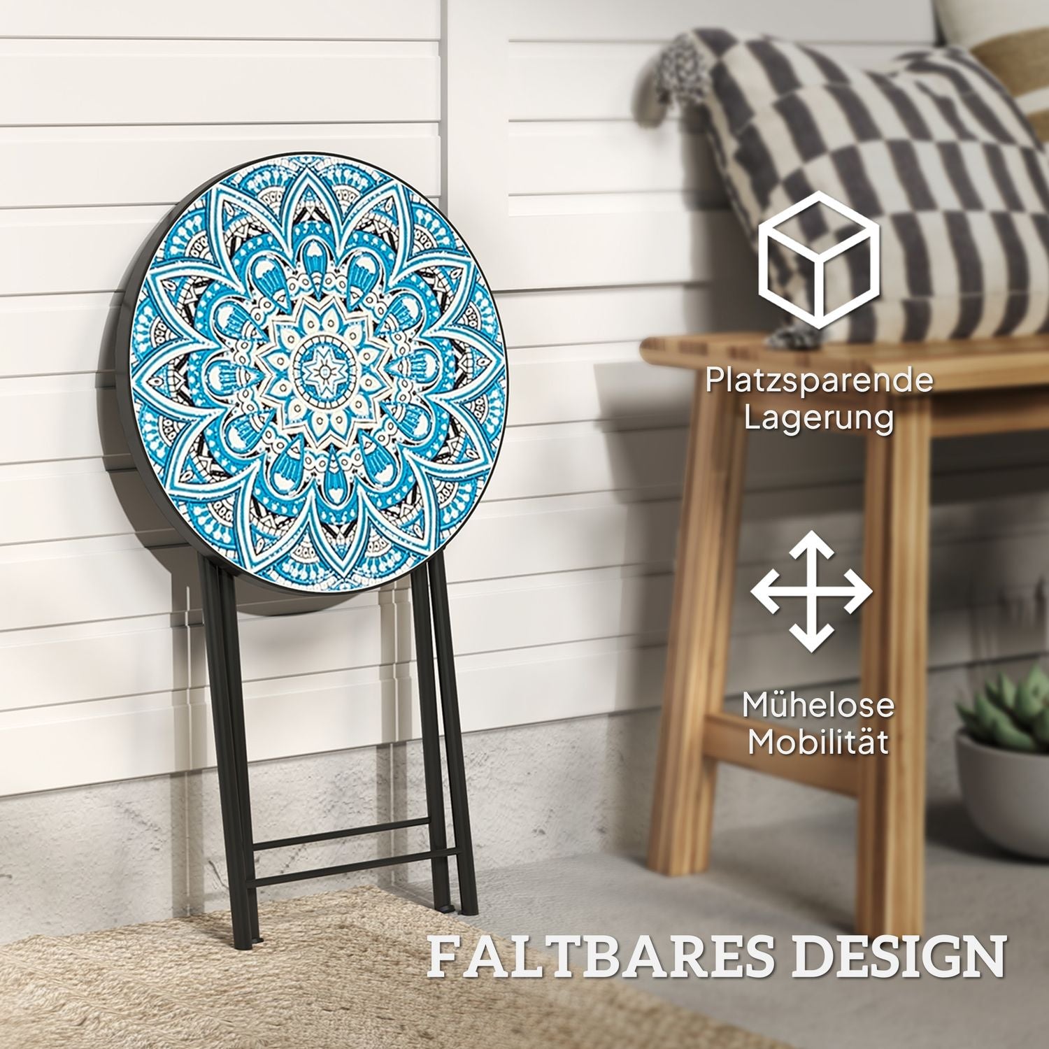 Blå mosaik fällbart metallbord, väderbeständig – inomhus/utomhus