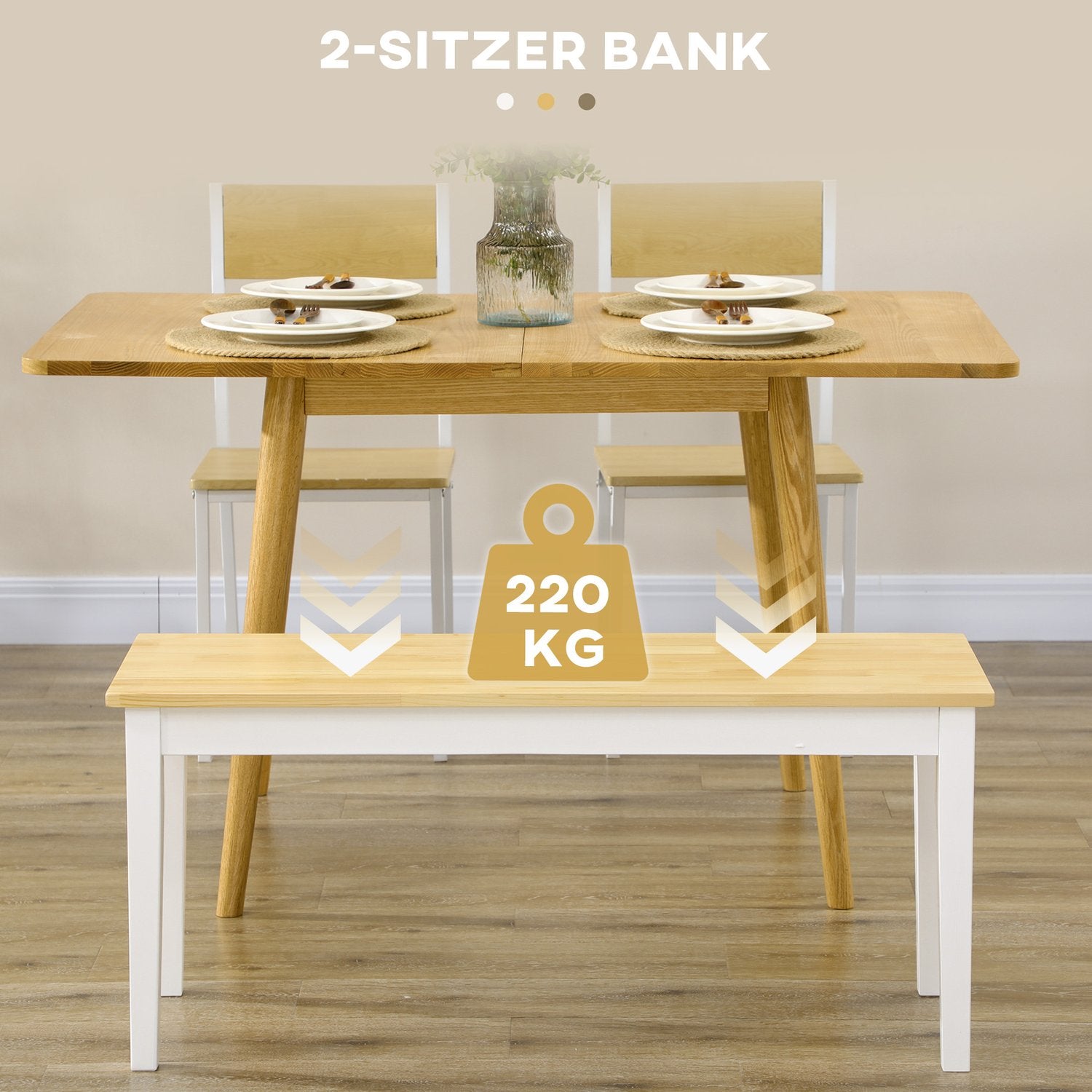 White Pine Wood 2-sits matsalsbänk, 220 kg kapacitet, 102x36x45 cm